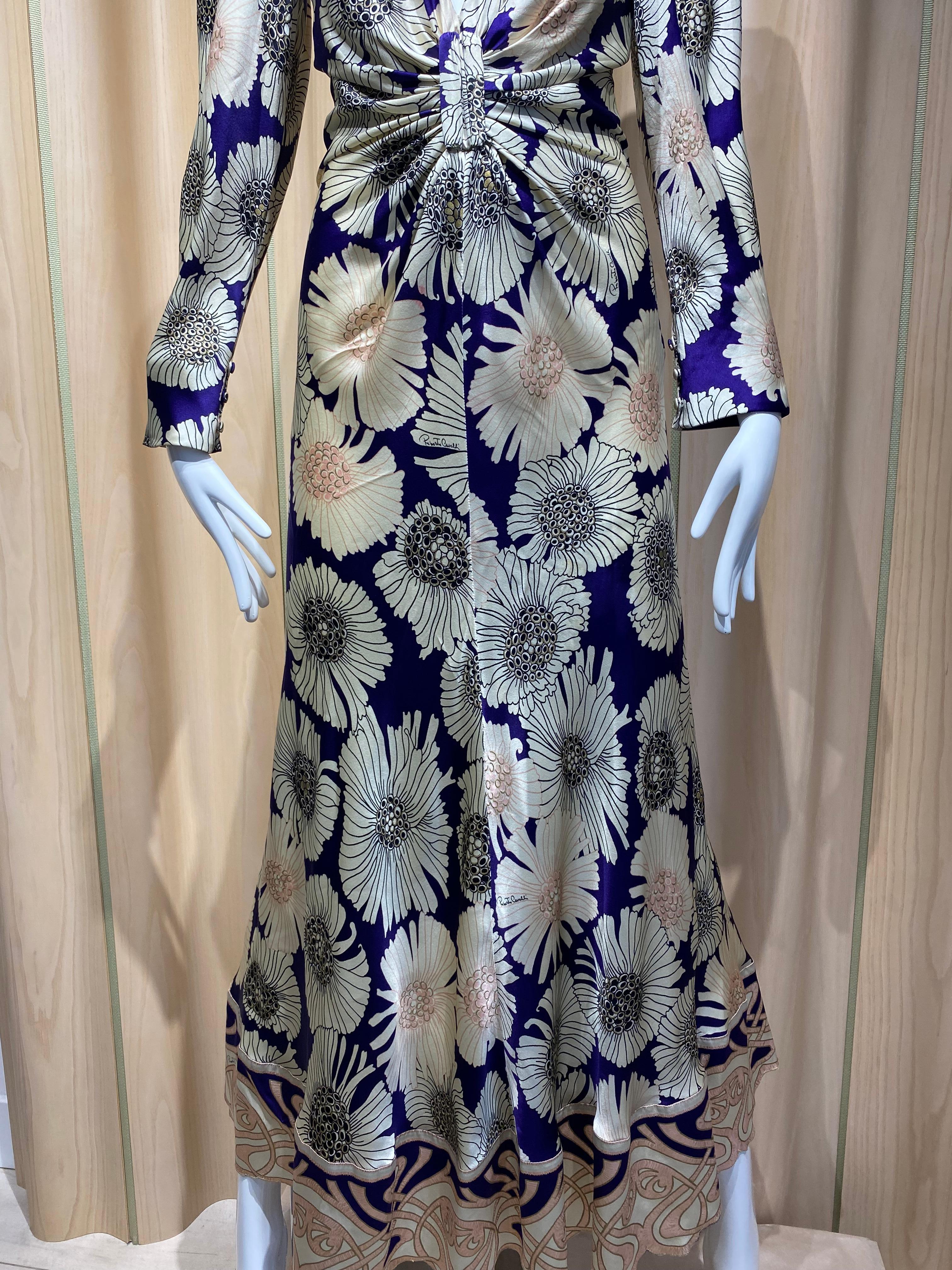 Women's 2000s Roberto Cavalli Cream and Purple Floral Print Silk Dress