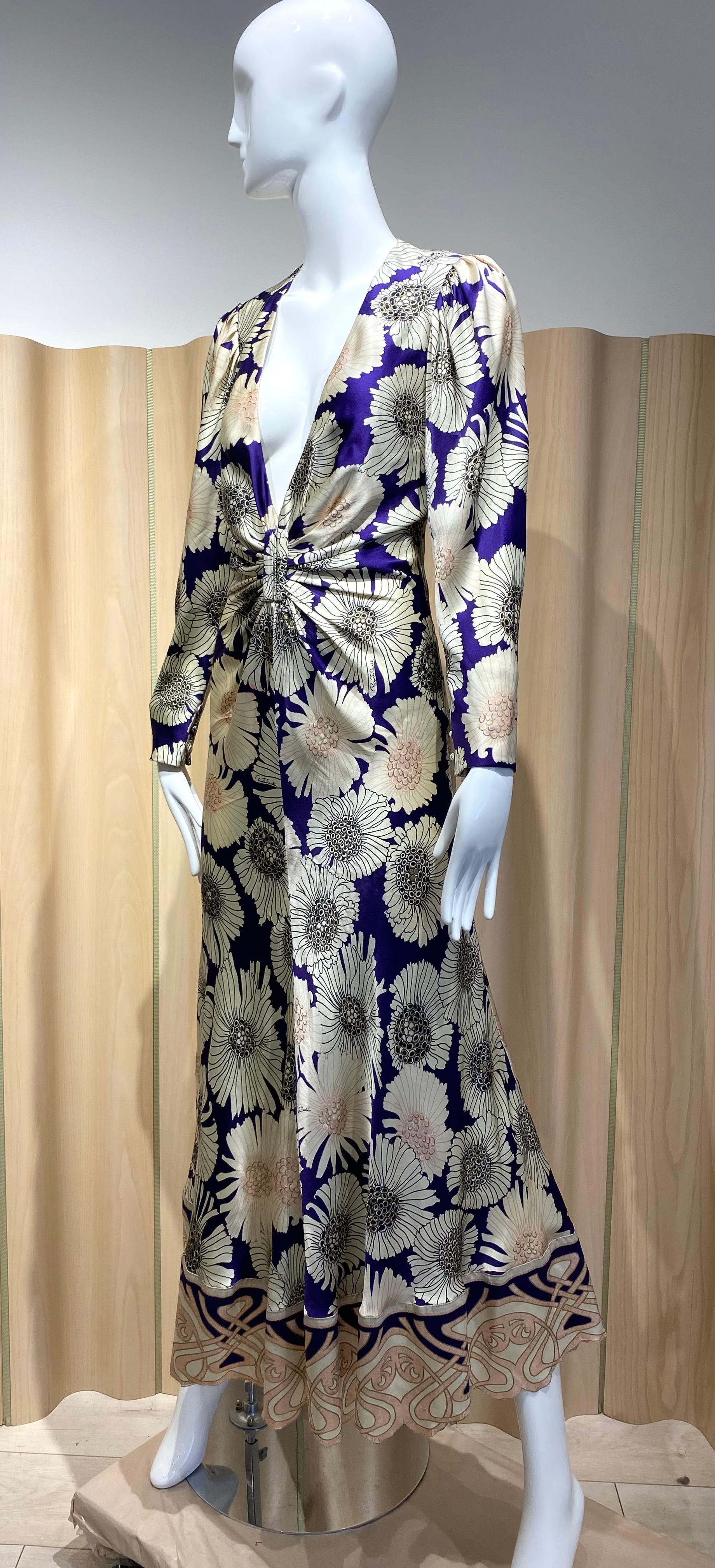 2000s Roberto Cavalli Cream and Purple Floral Print Silk Dress 1