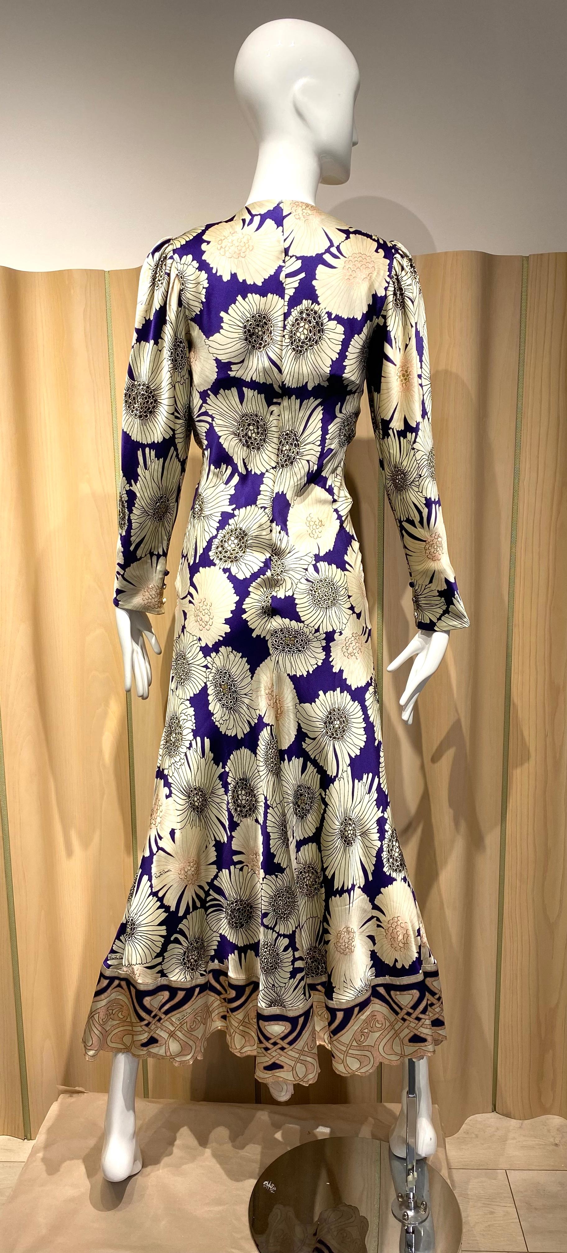 2000s Roberto Cavalli Cream and Purple Floral Print Silk Dress 2