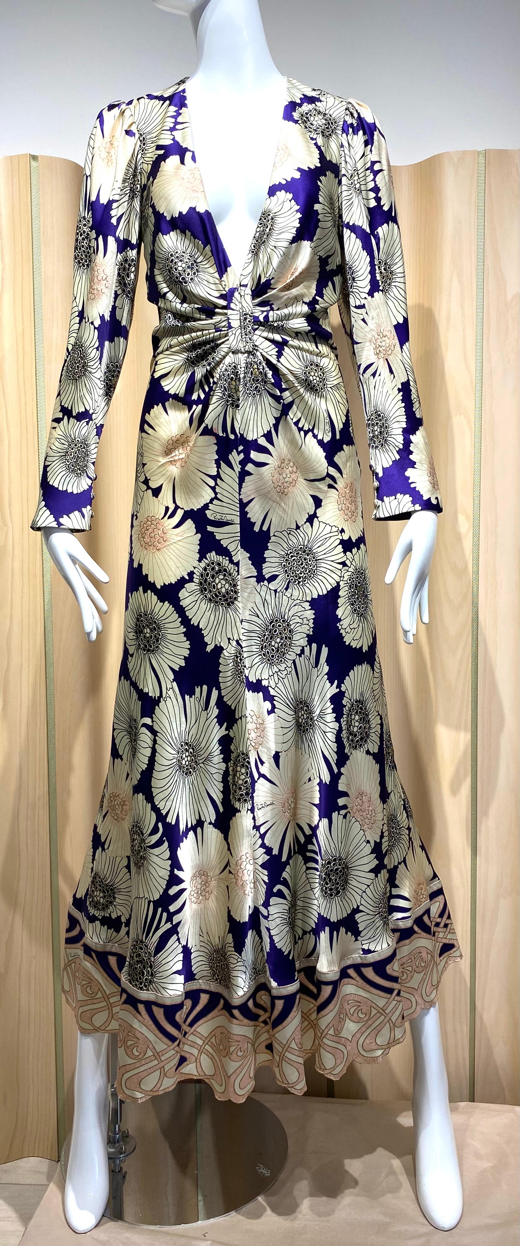 2000s Roberto Cavalli Cream and Purple Floral Print Silk Dress 3