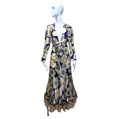 2000s Roberto Cavalli Cream and Purple Floral Print Silk Dress