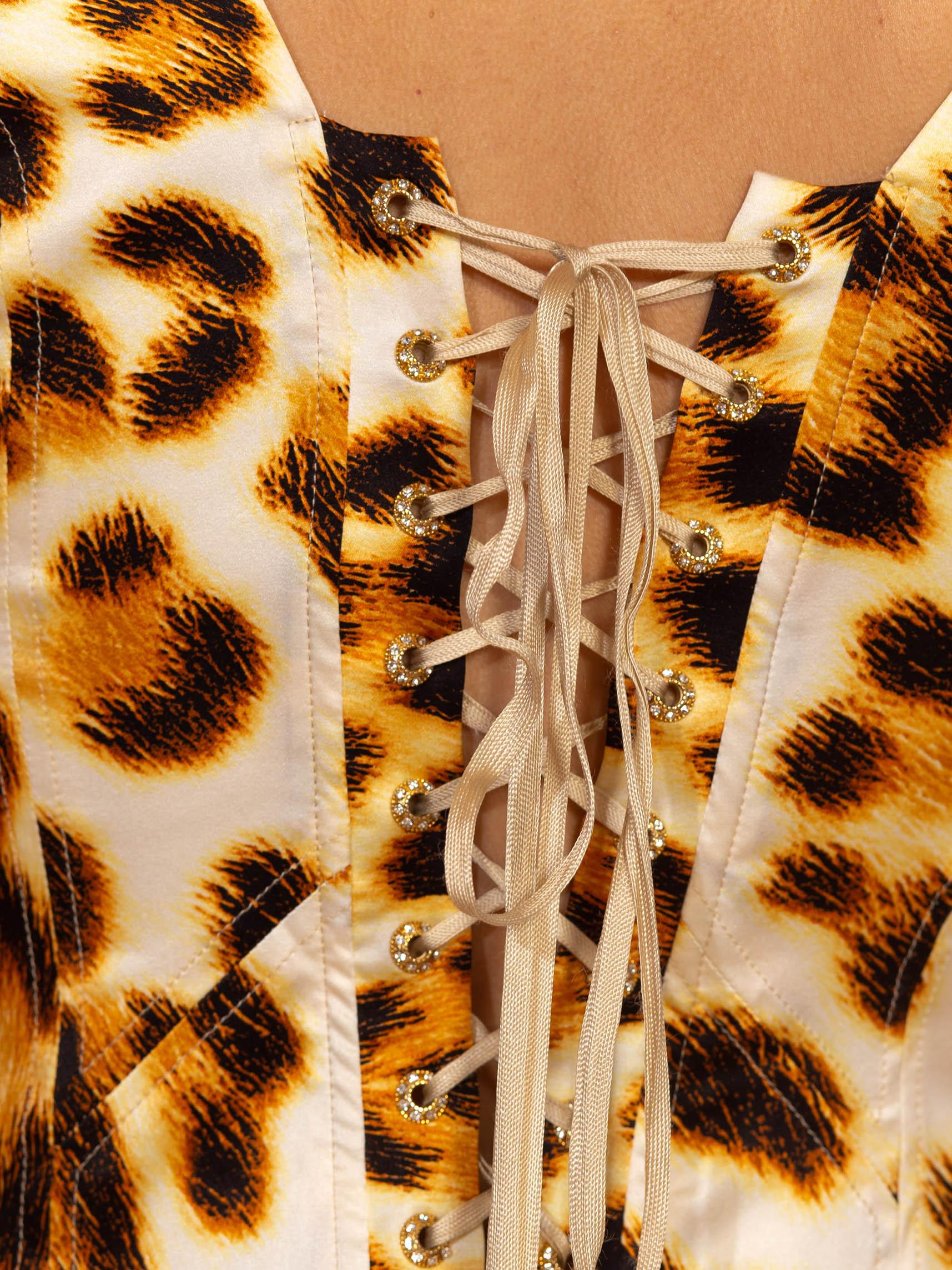 2000S Roberto Cavalli Cream & Brown Silk Elastane Satin Sexy Leopard Print Dres 5