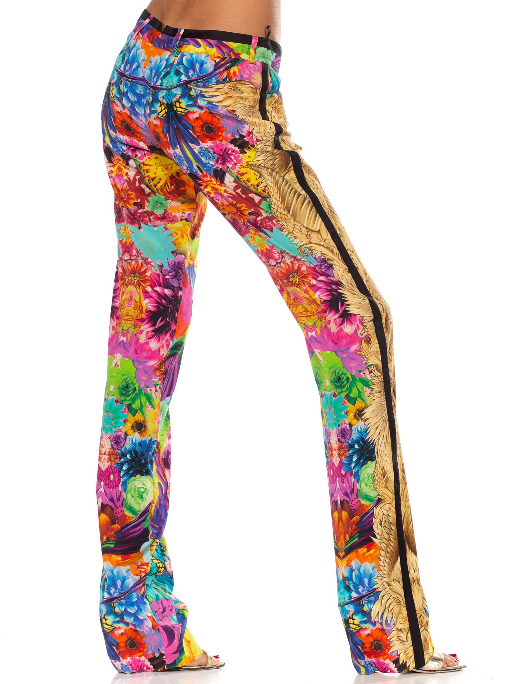 Brown 2000S ROBERTO CAVALLI Floral Print Silk Low Rise Psychedelic Pants