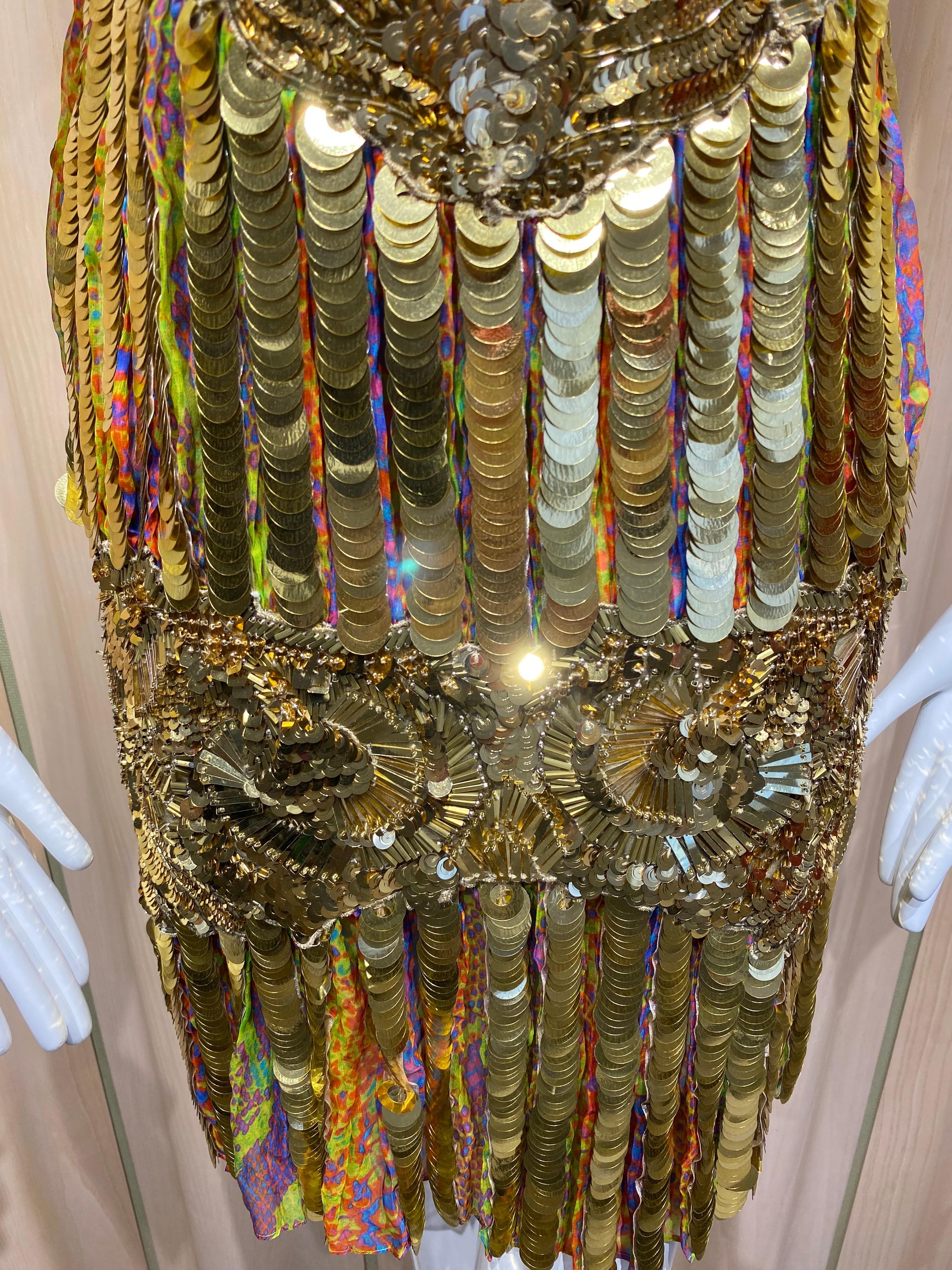 2000s Roberto Cavalli Gold Sequin Drop Waist Flapper Style Dress For Sale 5