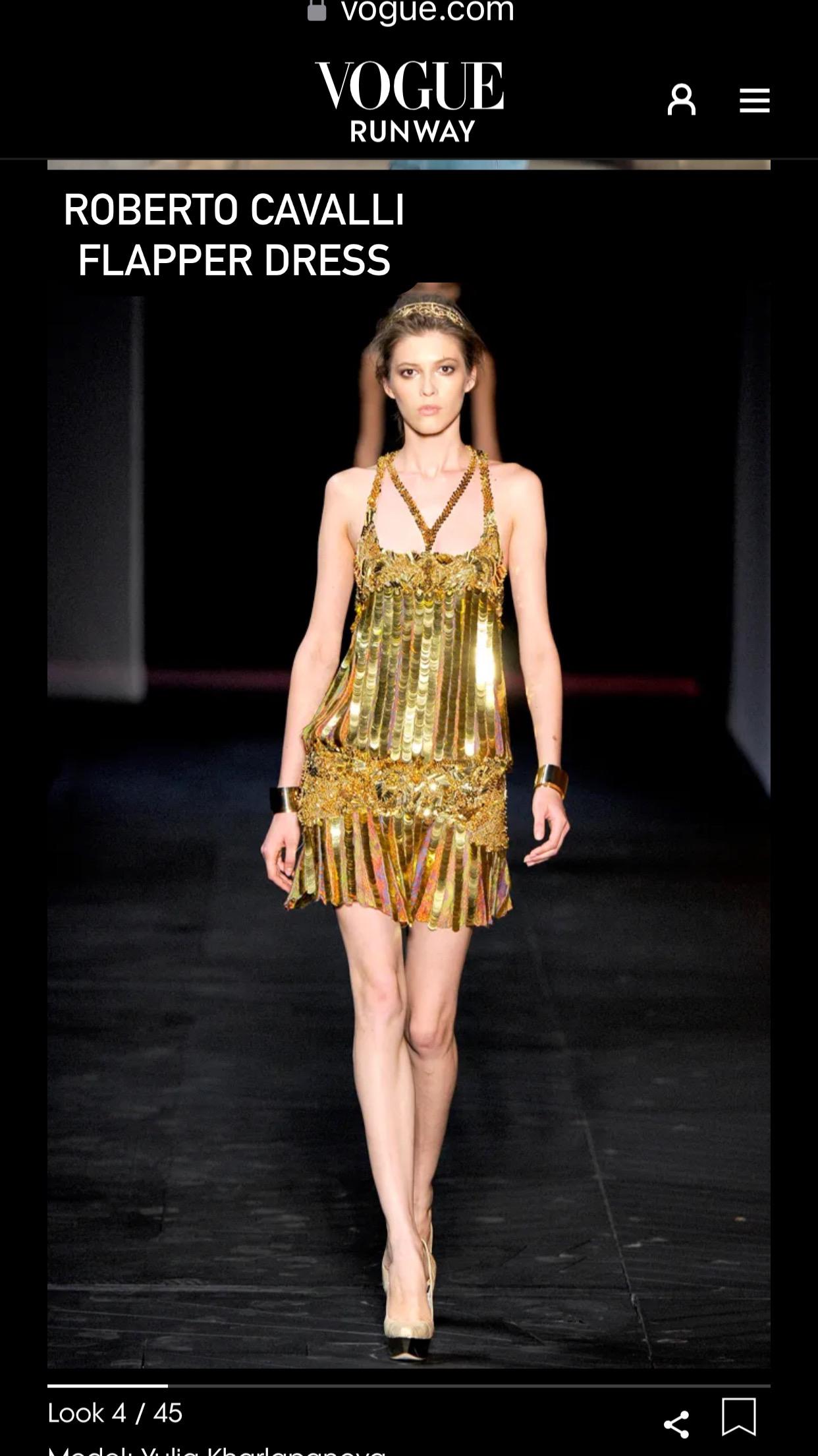 2000s Roberto Cavalli gold dress embellished in large sequins paillette,  drop waist flapper style, and racer back.
Marked size 40IT fit size 4/6
Measurement:
Bust fit up to 34”
Waist fit up to 34”
Hip fit up to 36”