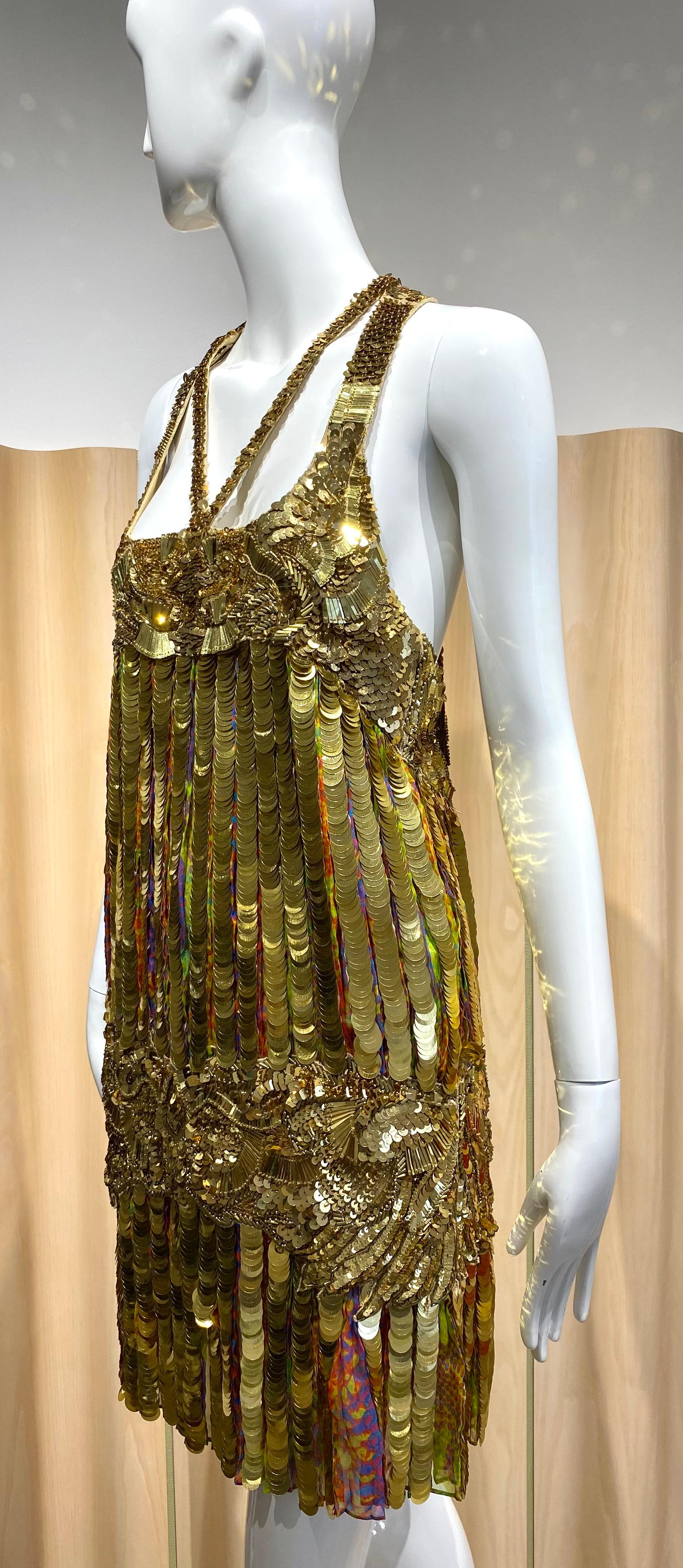 2000s Roberto Cavalli Gold Sequin Drop Waist Flapper Style Dress In Excellent Condition For Sale In Beverly Hills, CA