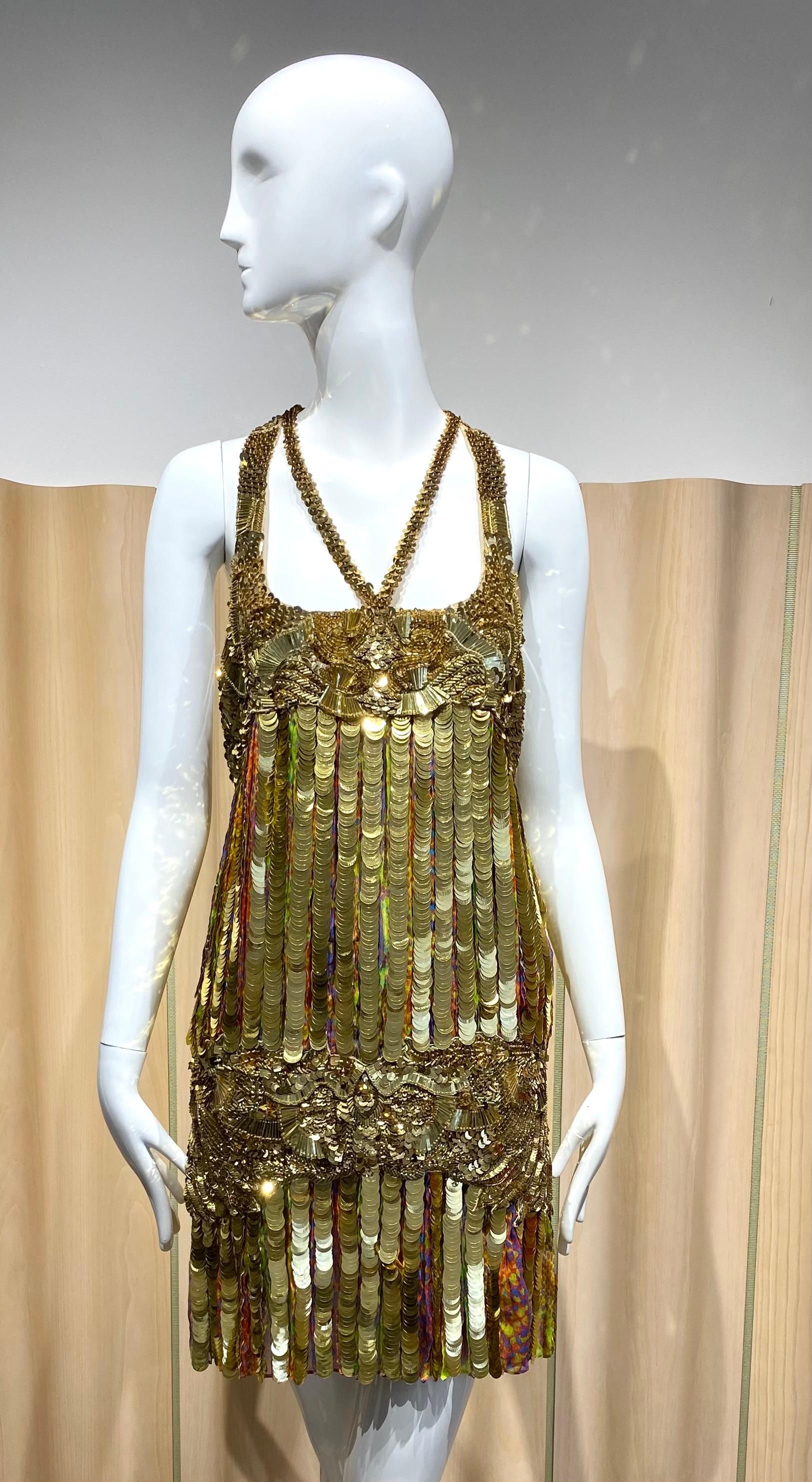 2000s Roberto Cavalli Gold Sequin Drop Waist Flapper Style Dress For Sale 2