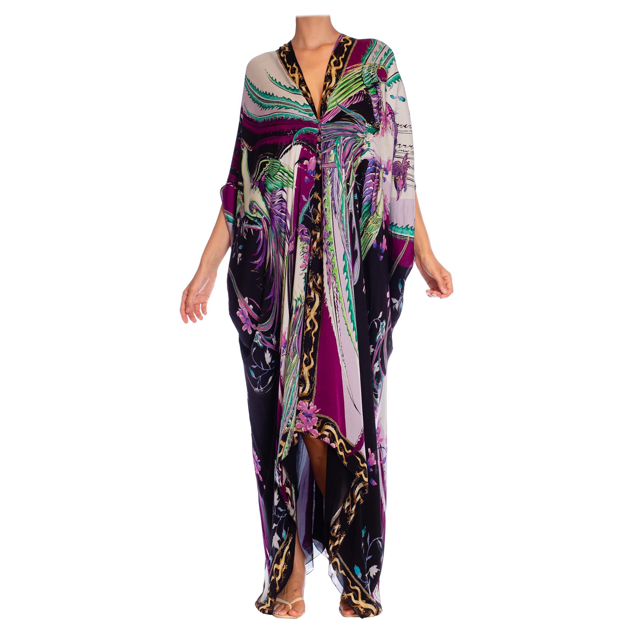 2000S ROBERTO CAVALLI Caftan en soie gris et violet psychédélique