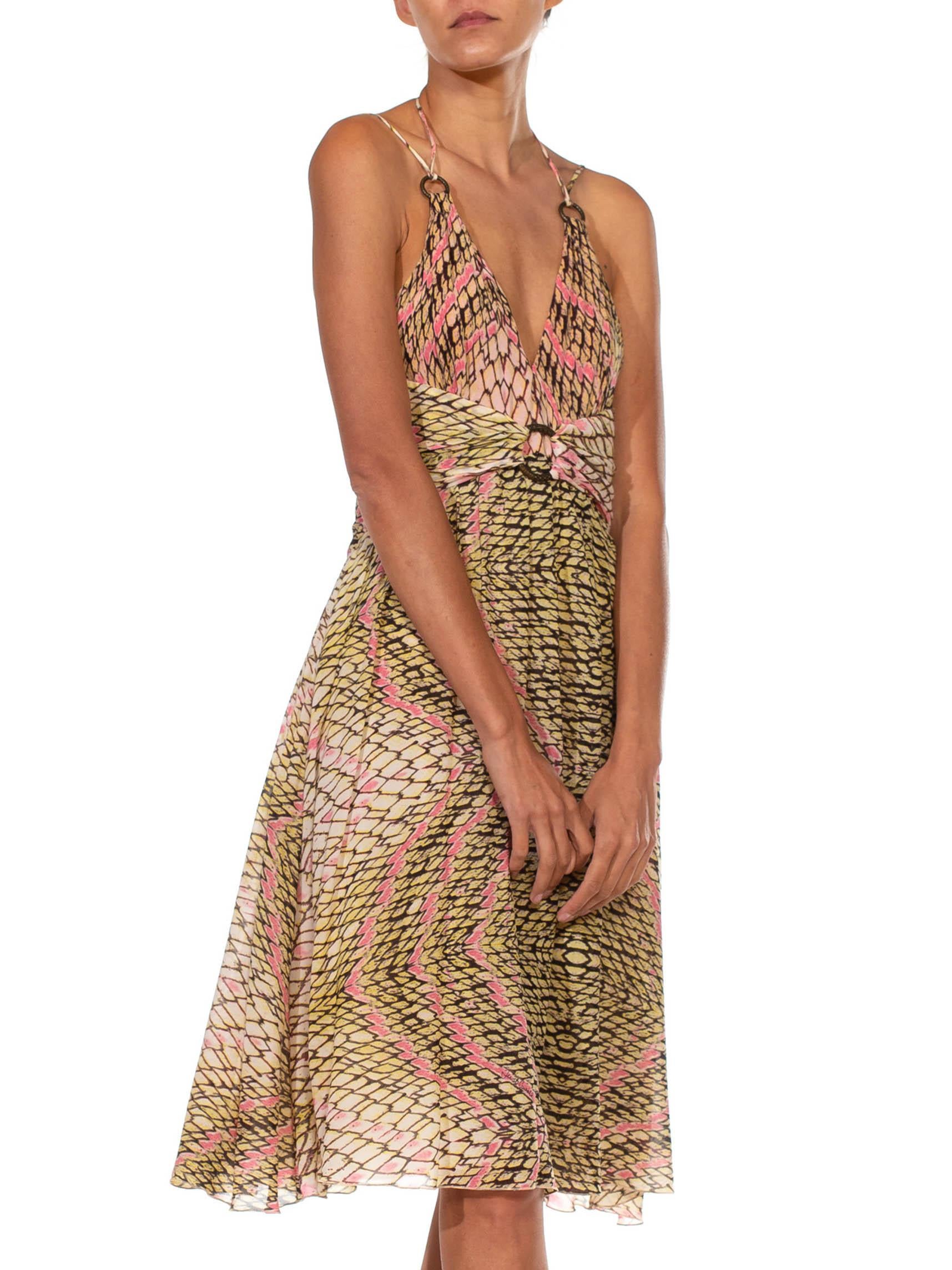 2000S ROBERTO CAVALLI JUST Pink & Brown Snake Print Silk Blend Chiffon Fluted B In Excellent Condition For Sale In New York, NY