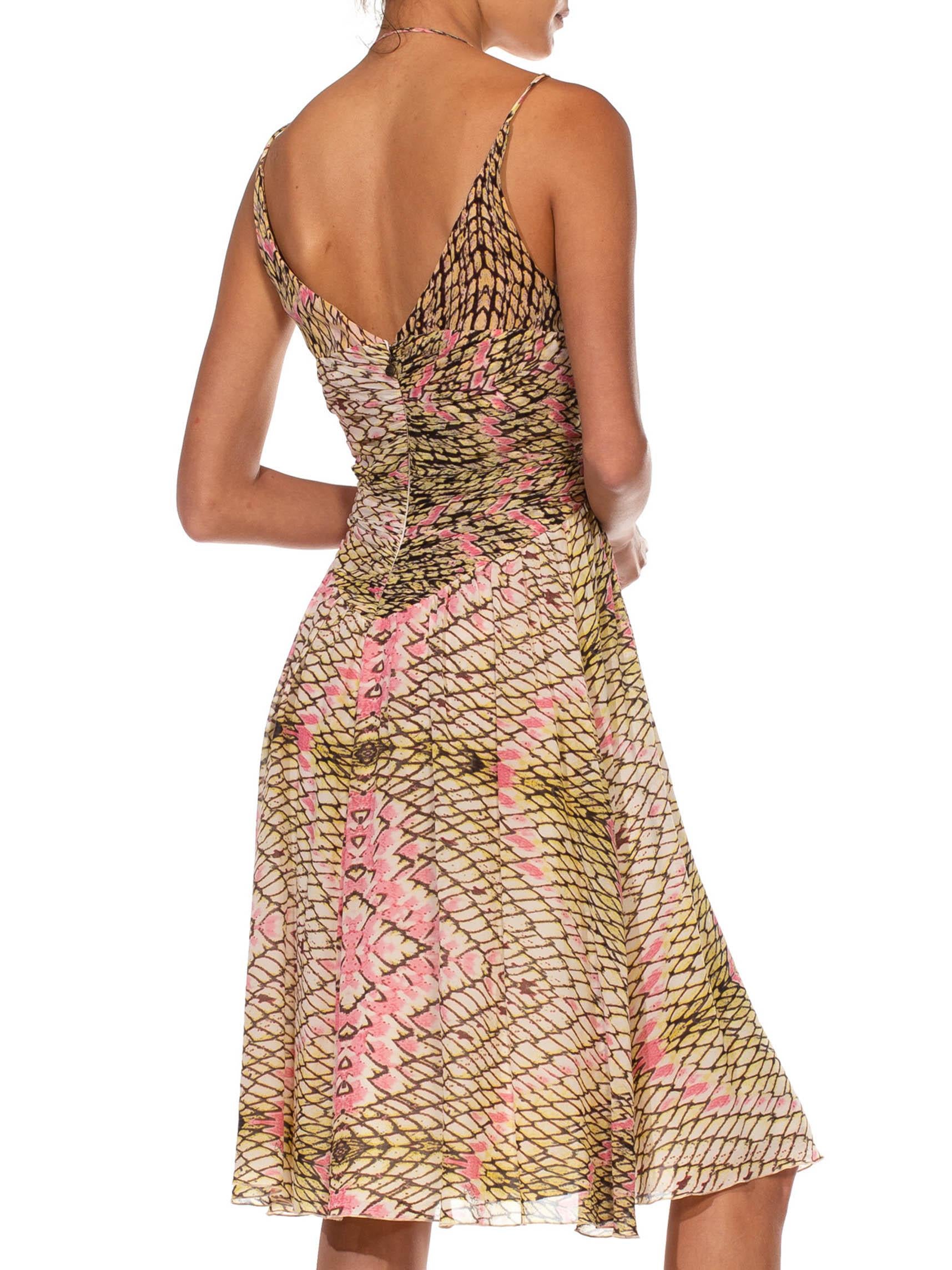 Women's 2000S ROBERTO CAVALLI JUST Pink & Brown Snake Print Silk Blend Chiffon Fluted B For Sale