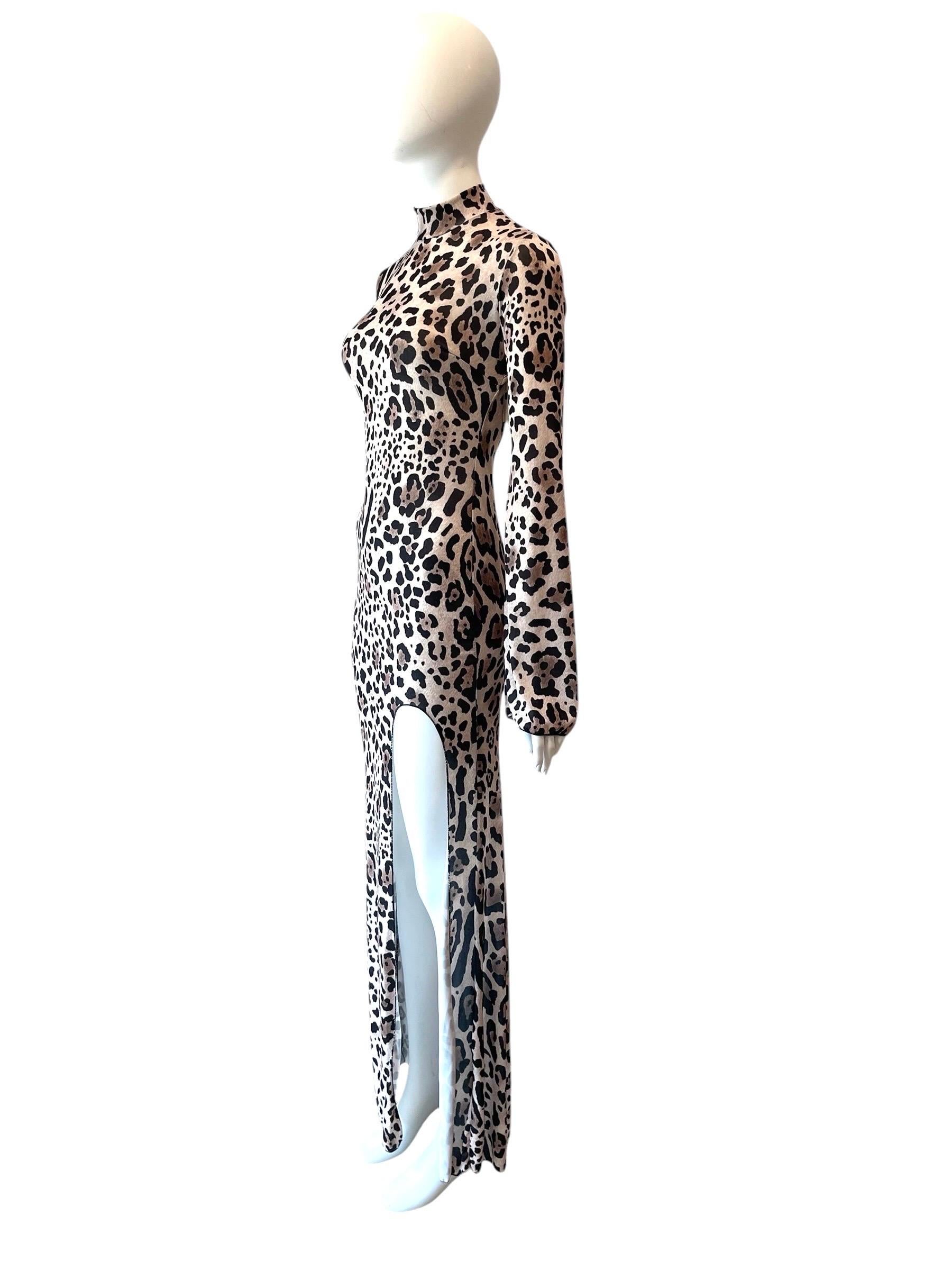 Gray 2000's Roberto Cavalli Leopard High Slit Bell Sleeve Dress For Sale