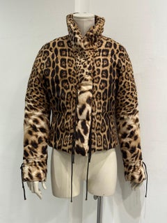 2000s Roberto Cavalli leopard print silk puffer jacket with leather straps