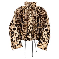 2000s Roberto Cavalli leopard print silk puffer jacket with leather straps