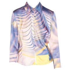 2000S ROBERTO CAVALLI Lilac & Yellow Silk Lycra Charmeuse Satin Blouse