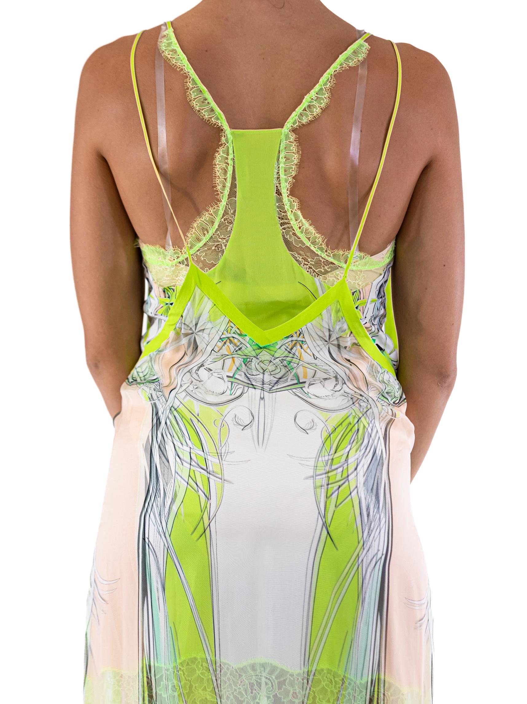 2000S ROBERTO CAVALLI Lime Green Silk Chiffon & Lace Dress For Sale 6