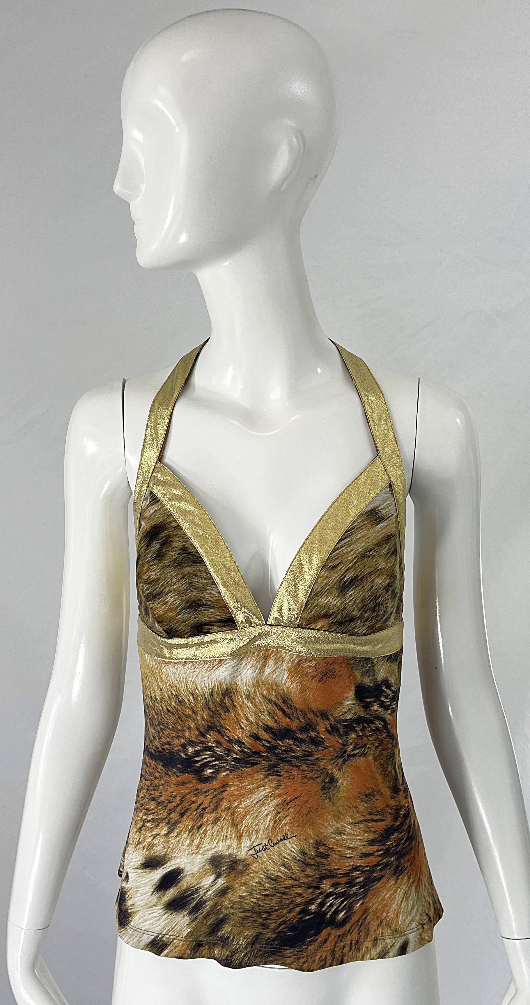 Sexy vintage early 2000s ROBERTO CAVALLI / Just Cavalli lion print and gold lame rayon jersey top ! Features an allover animal print with gold lame straps and racerback. Hidden zipper up the back with hook-and-eye closure. Can easily be dressed up