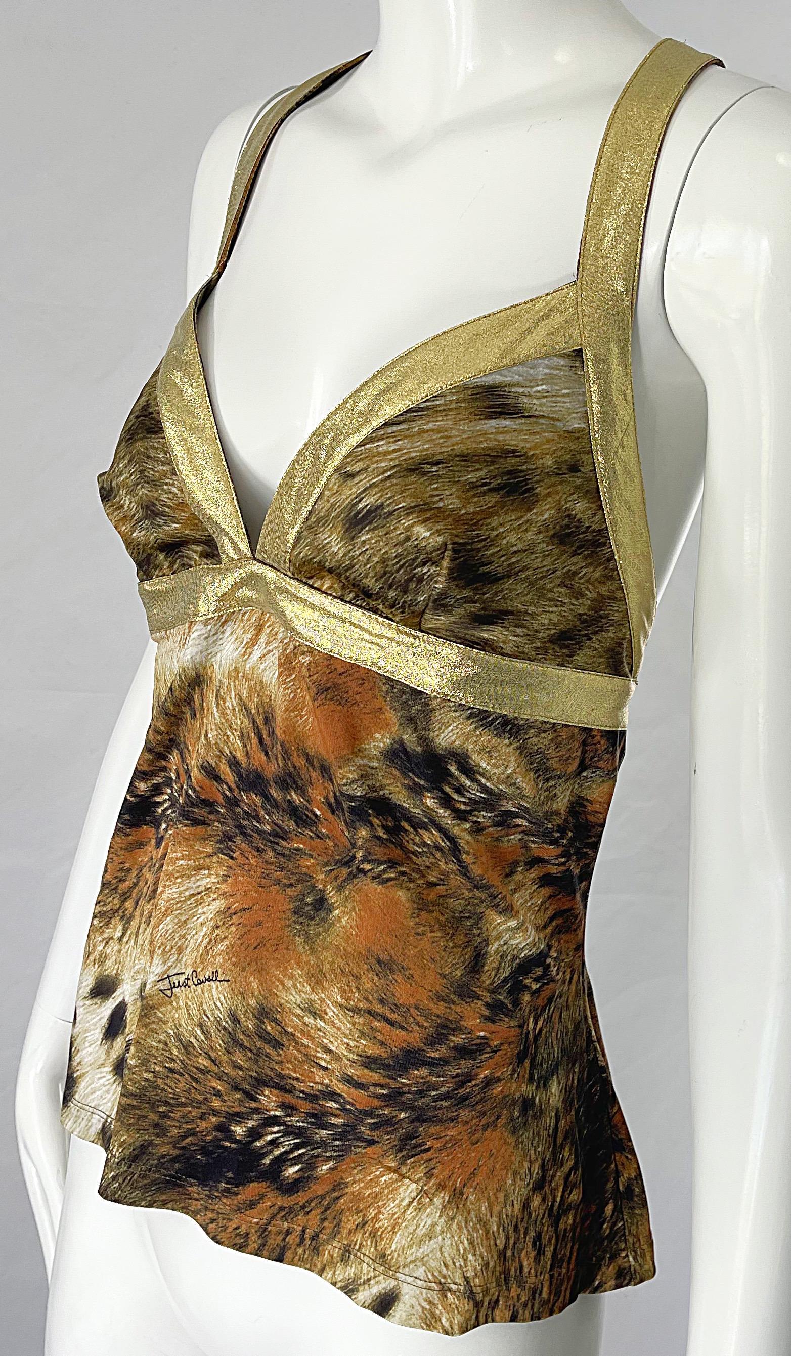 Chemise à dos de course Roberto Cavalli des années 2000 à imprimé animal lion, taille large et lamé doré Pour femmes en vente