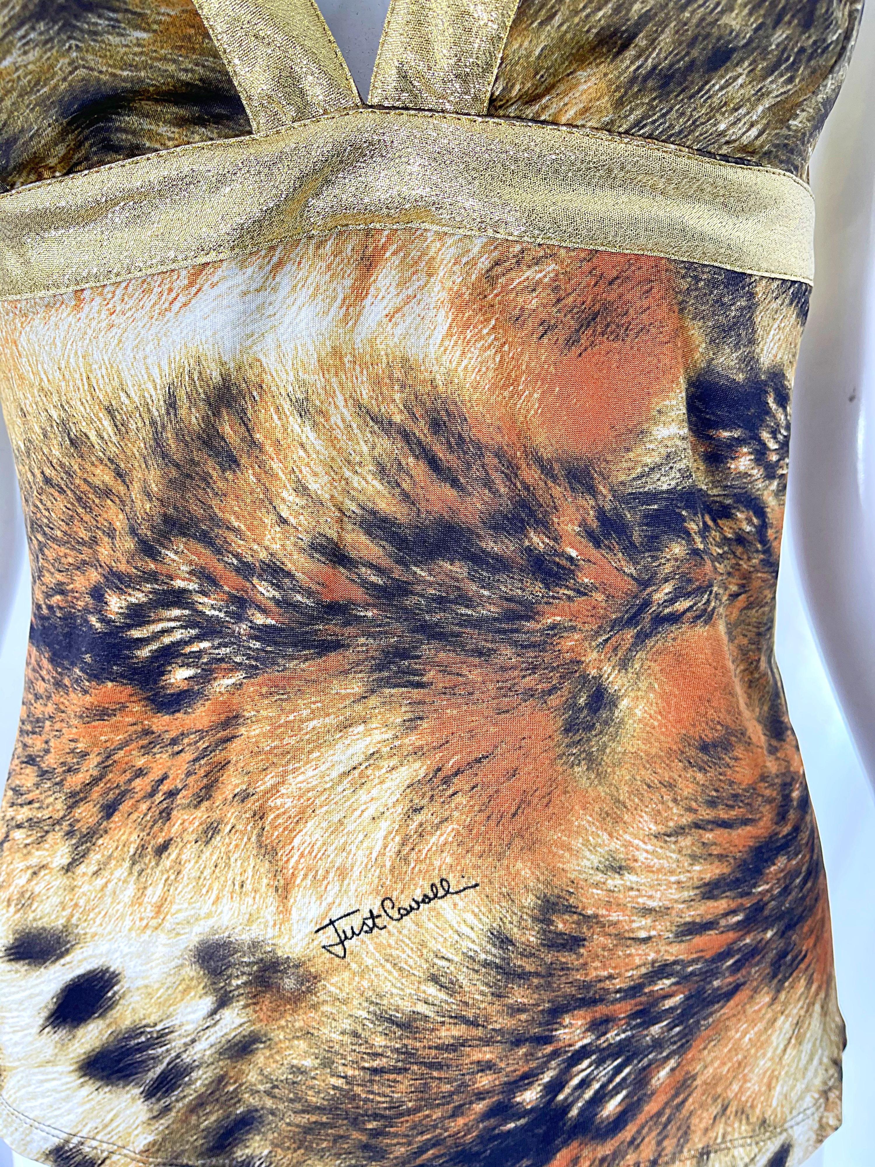 Brown 2000s Roberto Cavalli Lion Animal Print Gold Lame Size Large Racerback Top Shirt For Sale