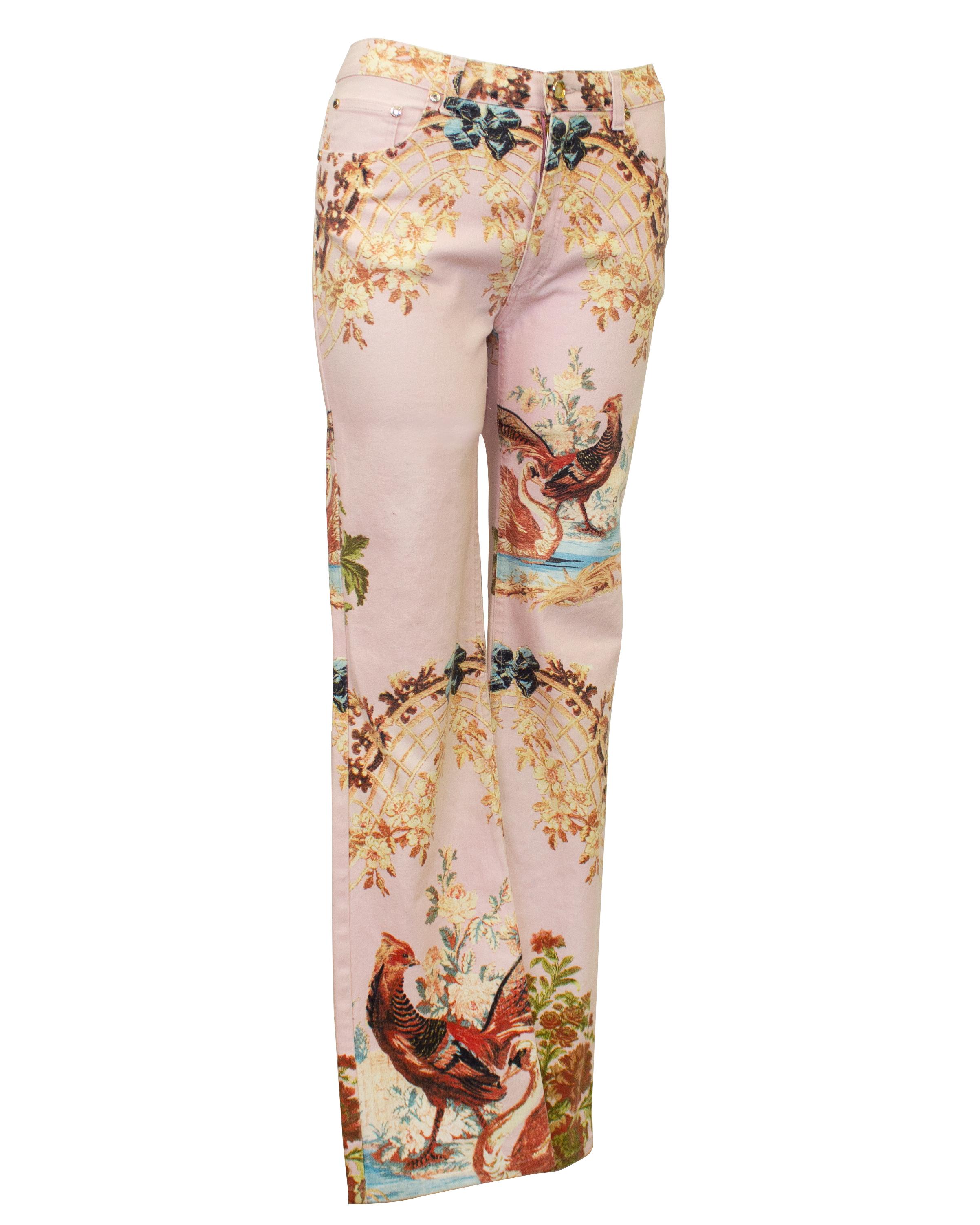 Beige 2000's Roberto Cavalli Printed Pale Pink Jeans