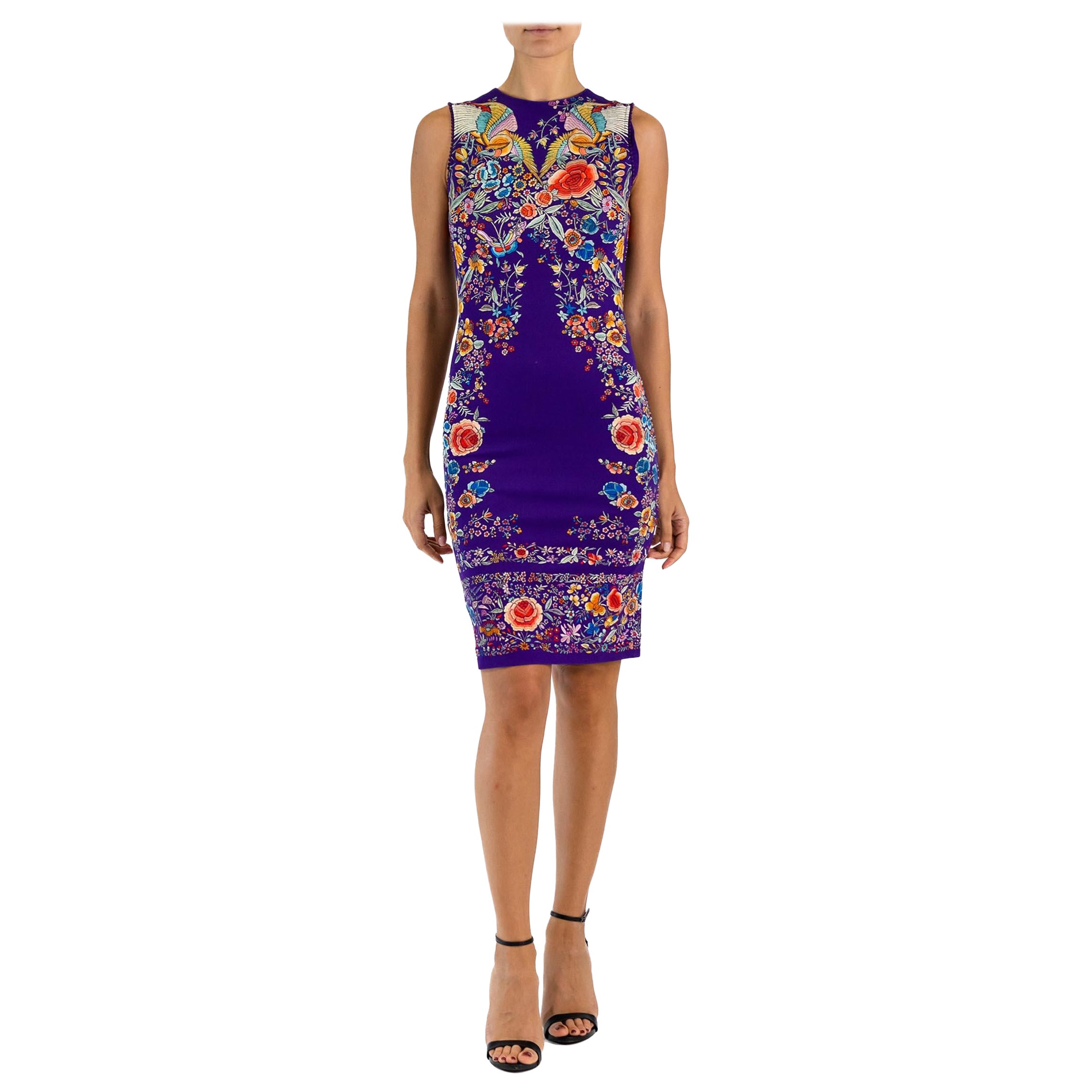 2000S ROBERTO CAVALLI Púrpura Rayón Jersey Piano Asiático Chal Pájaro Y Floral Pri