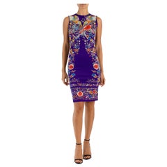 2000S ROBERTO CAVALLI Púrpura Rayón Jersey Piano Asiático Chal Pájaro Y Floral Pri
