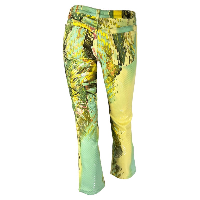 2000s Roberto Cavalli PVC Check Shine Abstract Parrot Yellow Green Print Jeans For Sale at 1stDibs
