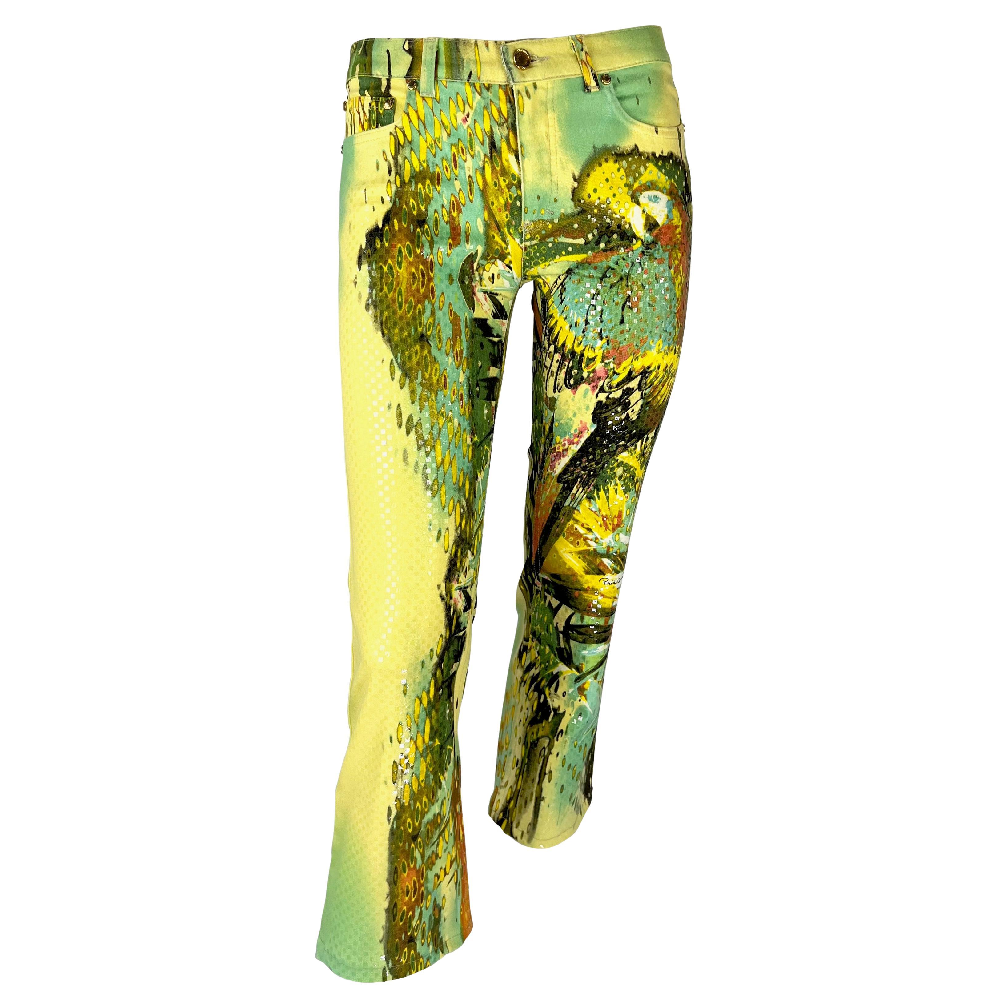 Roberto Cavalli PVC Check Shine Abstract Parrot Yellow Green Print Jeans at