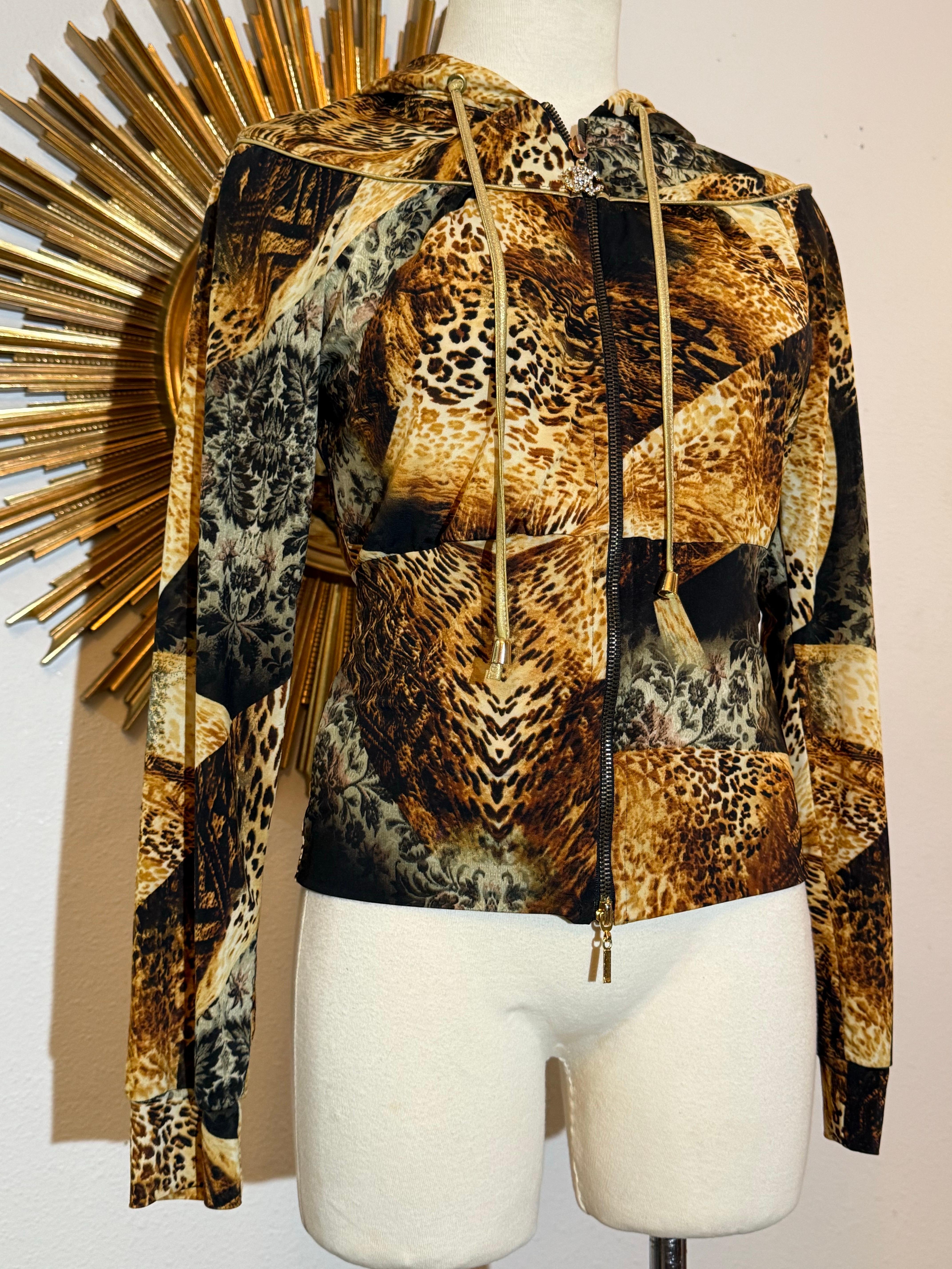 2000s Roberto Cavalli Rayon Jersey Leopard and Floral Patchwork
