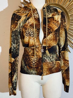 2000s Roberto Cavalli Rayon Jersey Leopard & Floral Patchwork Print Zip Hoodie