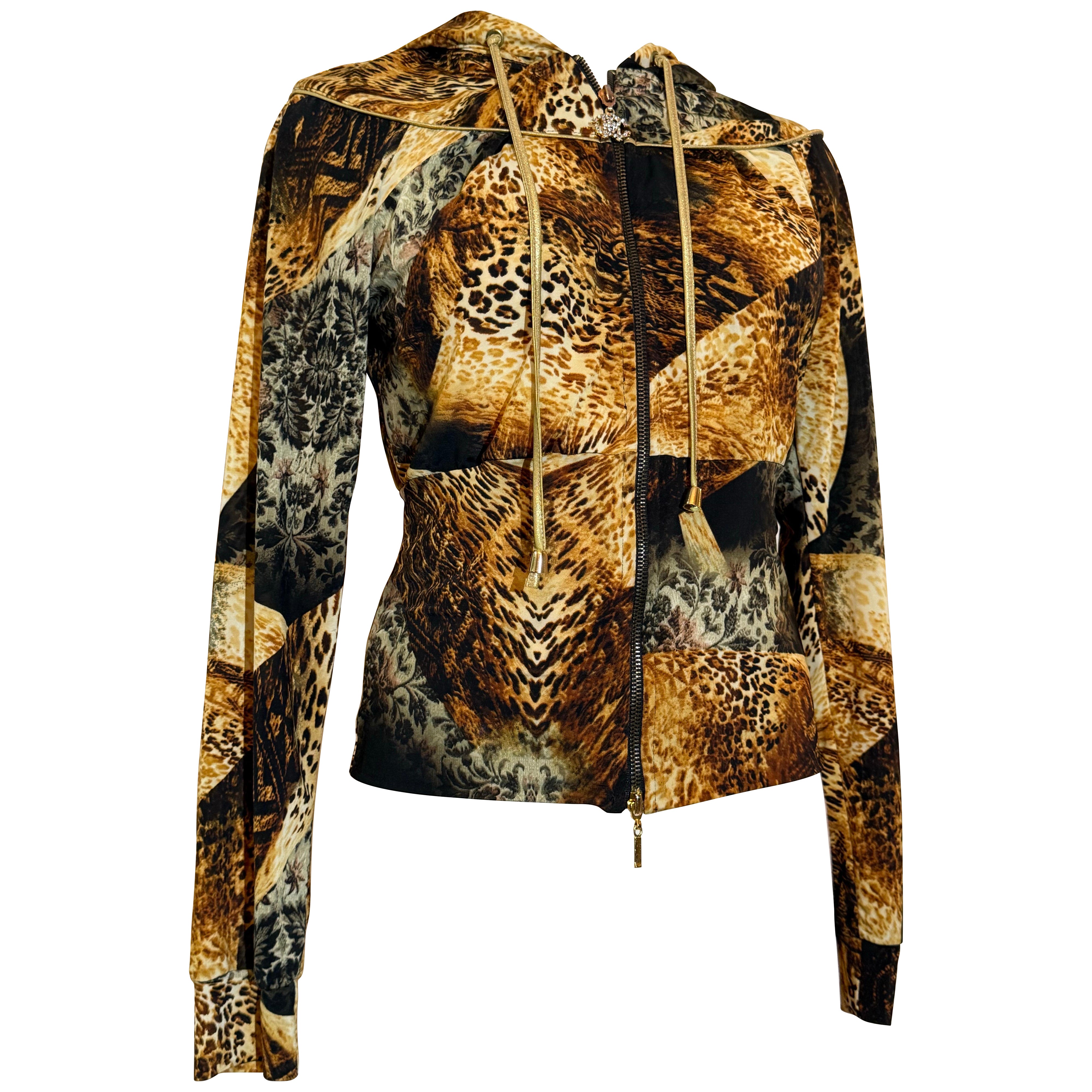 2000s Roberto Cavalli Rayon Jersey Leopard & Floral Patchwork Print Zip Hoodie