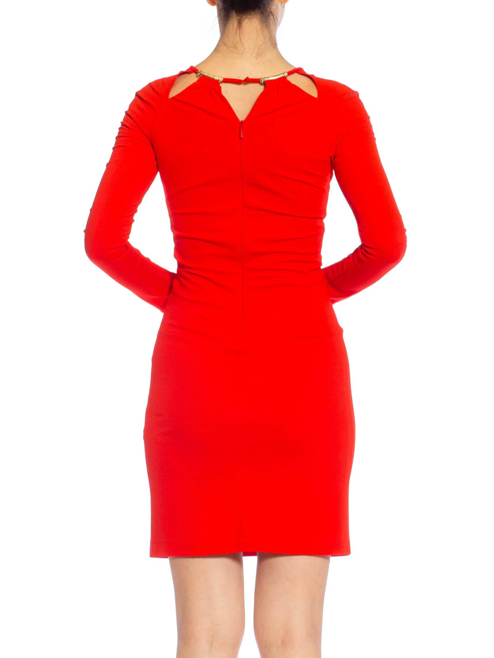 2000S ROBERTO CAVALLI Red & Gold Jersey Dress With Long Sleeves For Sale 1