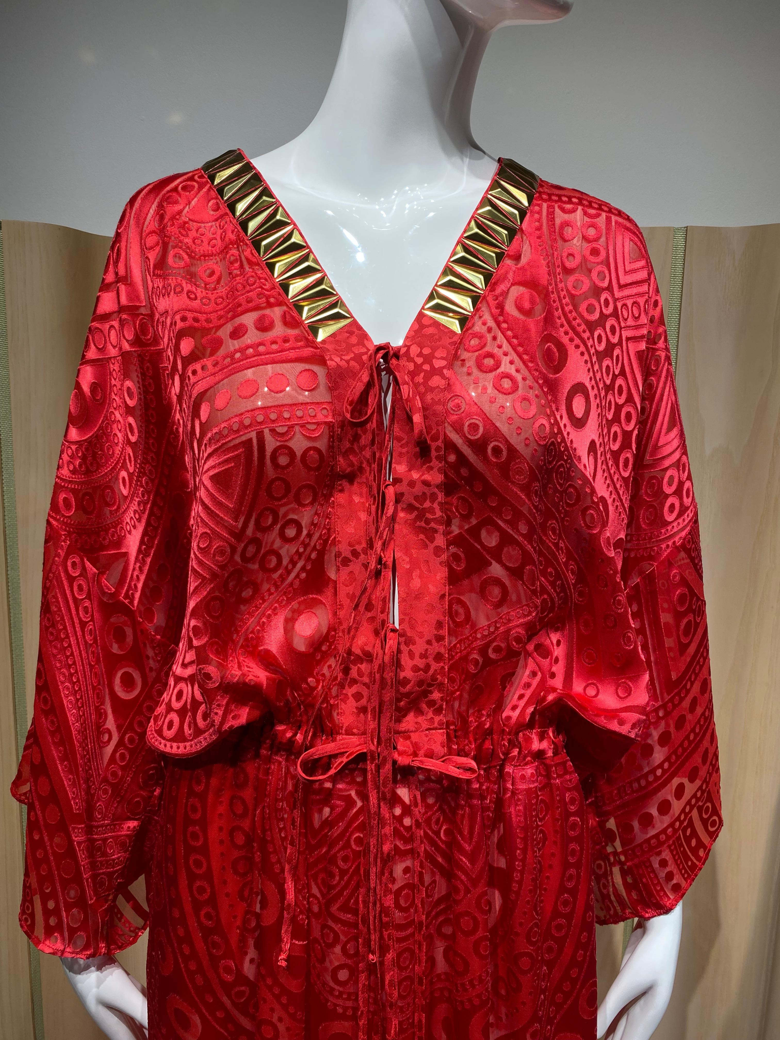 2000s Roberto Cavalli Red V neck cut velvet kaftan embellished in gold studs. 
Marked size 38it
Fit size 2/4/6/8
- silk - rayon blend
adjustable waist 