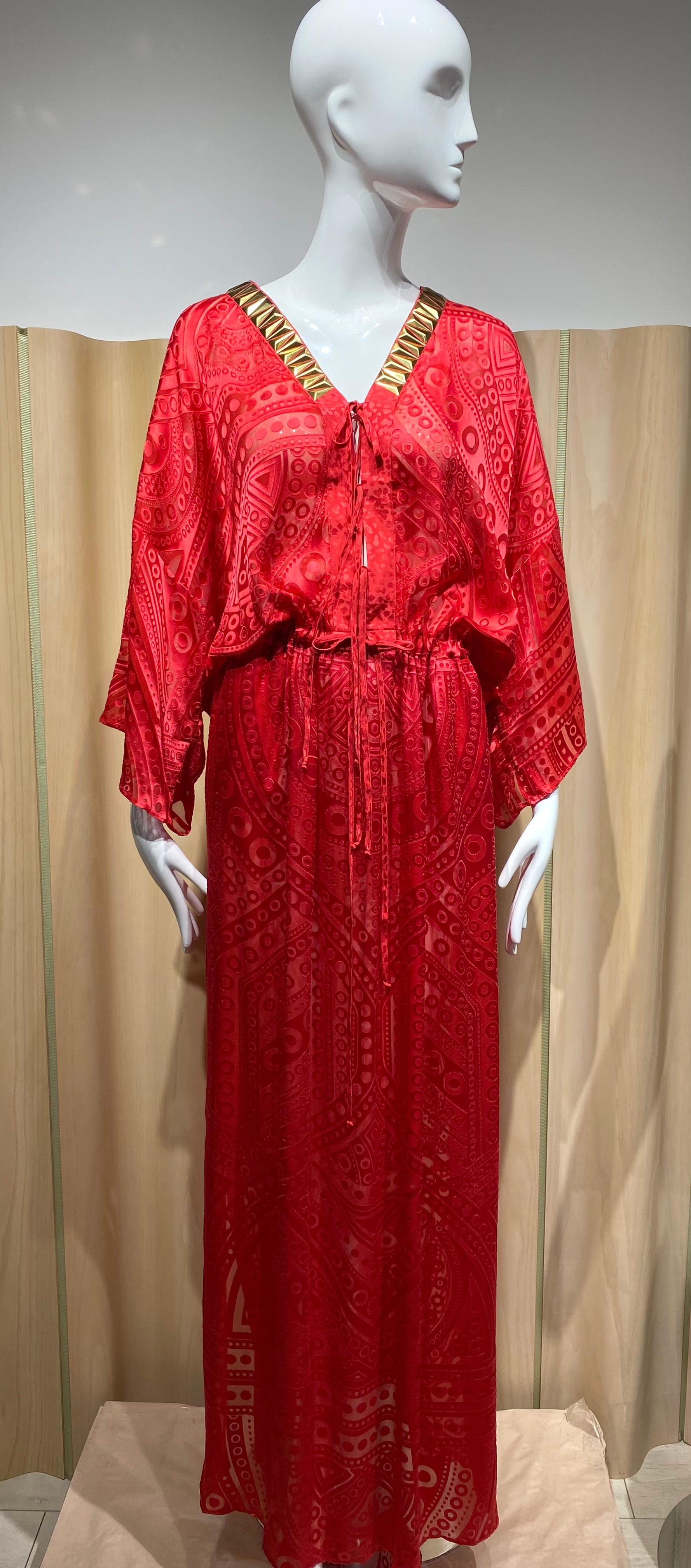 2000s Roberto Cavalli Red V neck Kaftan In Excellent Condition For Sale In Beverly Hills, CA