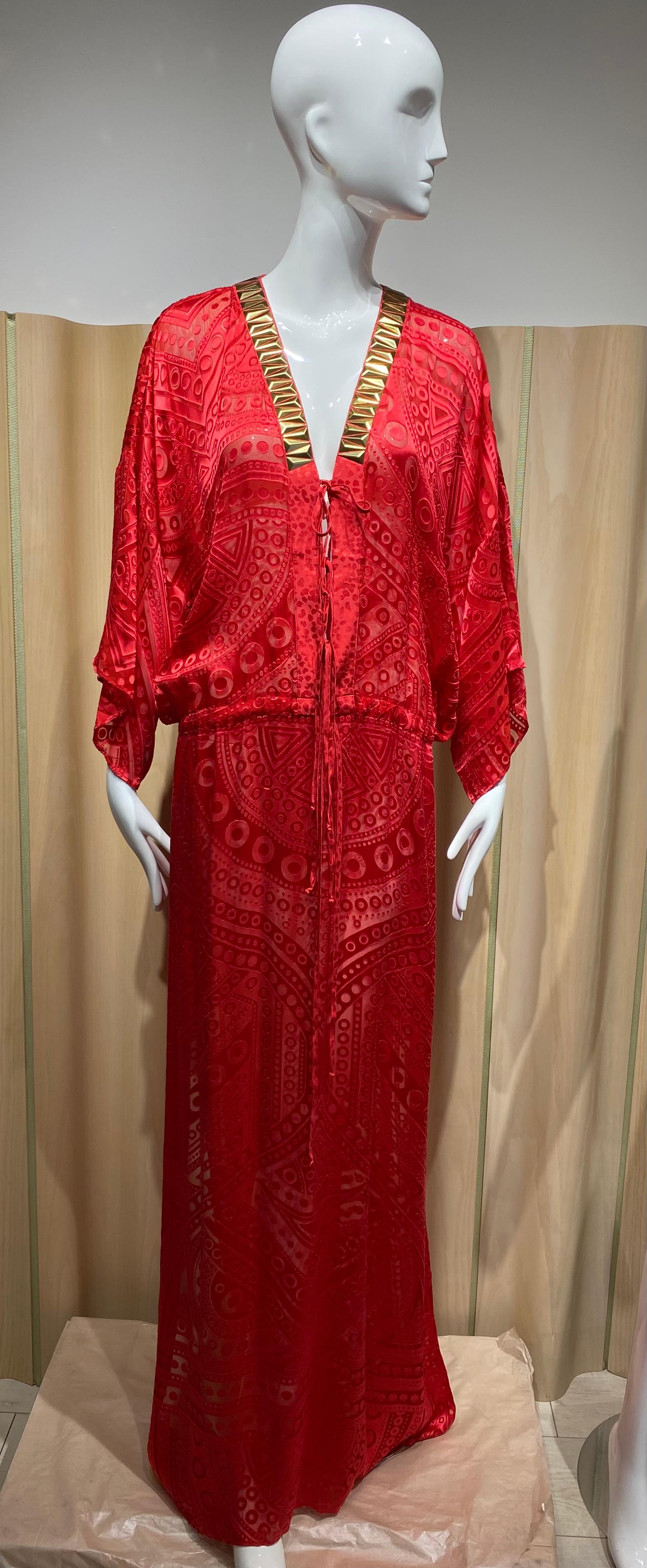 2000s Roberto Cavalli Red V neck Kaftan For Sale 2