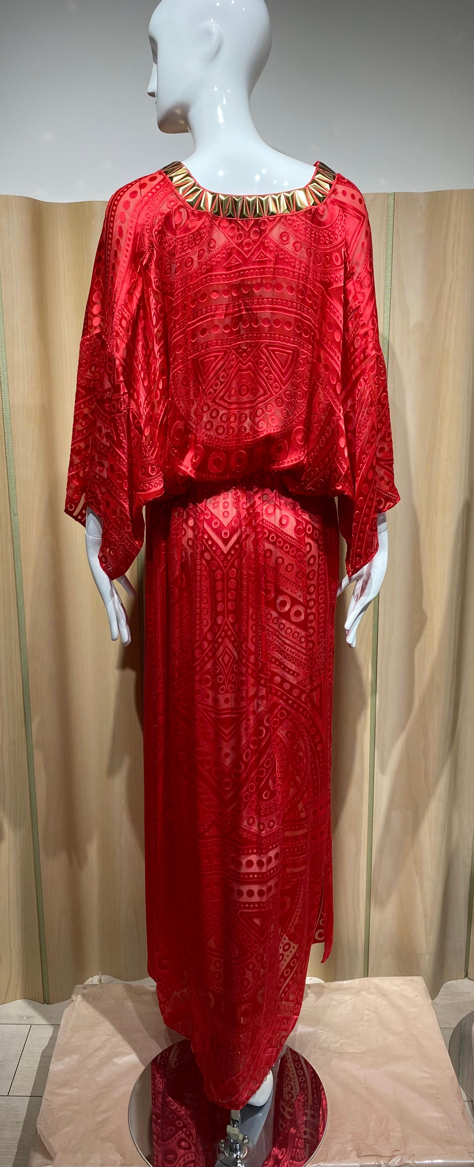2000s Roberto Cavalli Red V neck Kaftan For Sale 5