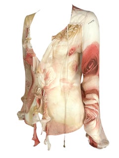2000s Roberto Cavalli Sheer Rose Print Chiffon Charm Blouse