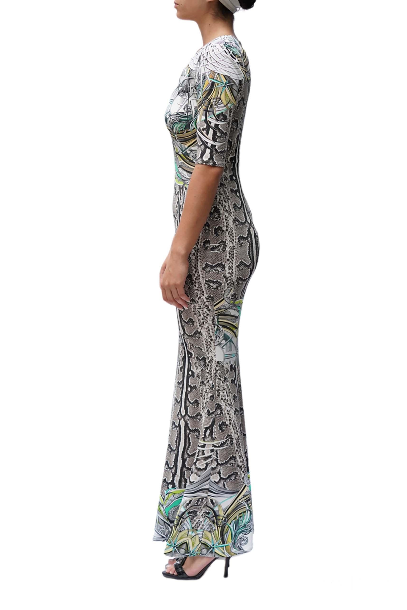 Gray 2000S ROBERTO CAVALLI Snake Print Multicolored Jersey Long Sleeve  Dress For Sale