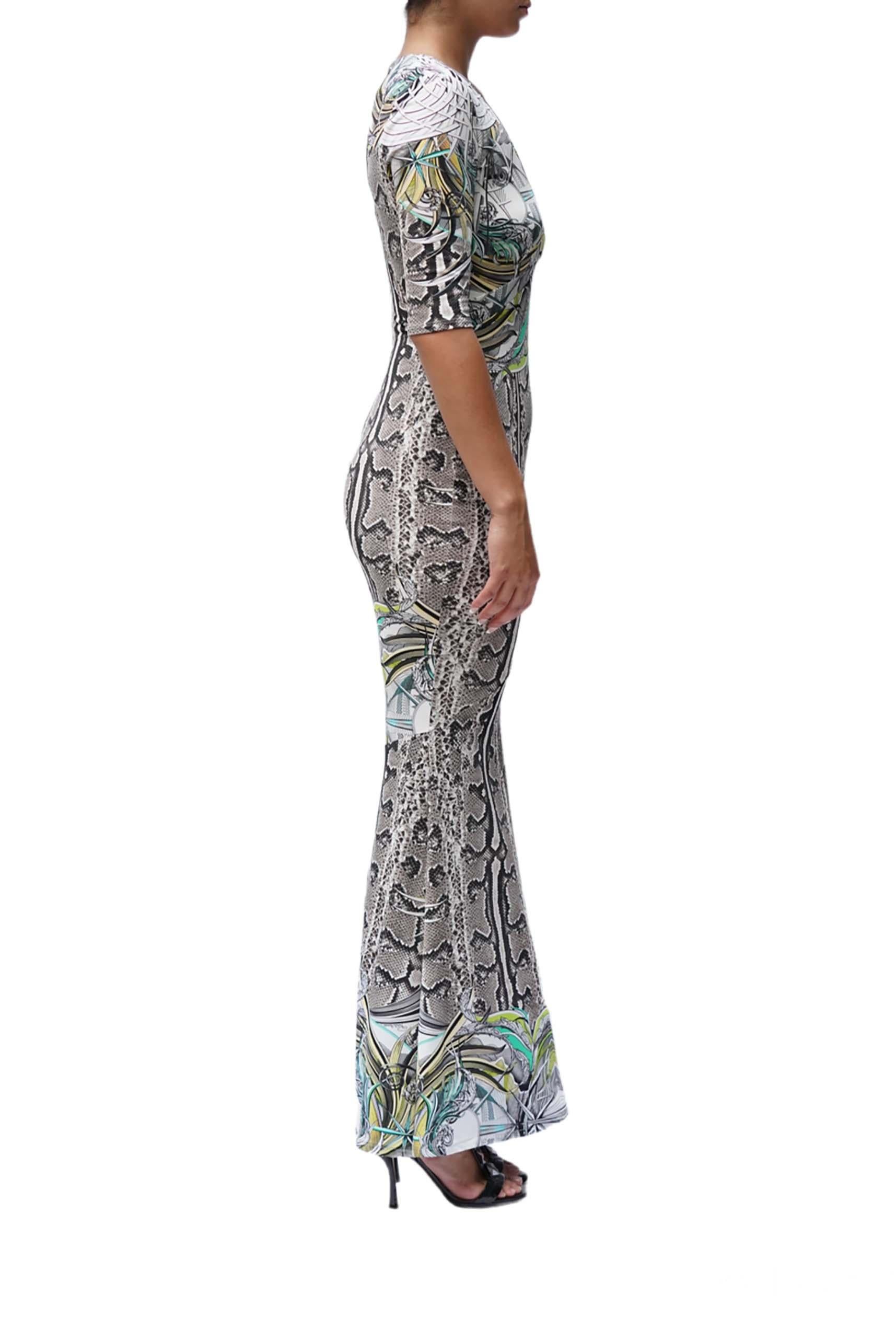 2000S ROBERTO CAVALLI Snake Print Multicolored Jersey Long Sleeve  Dress In Excellent Condition For Sale In New York, NY