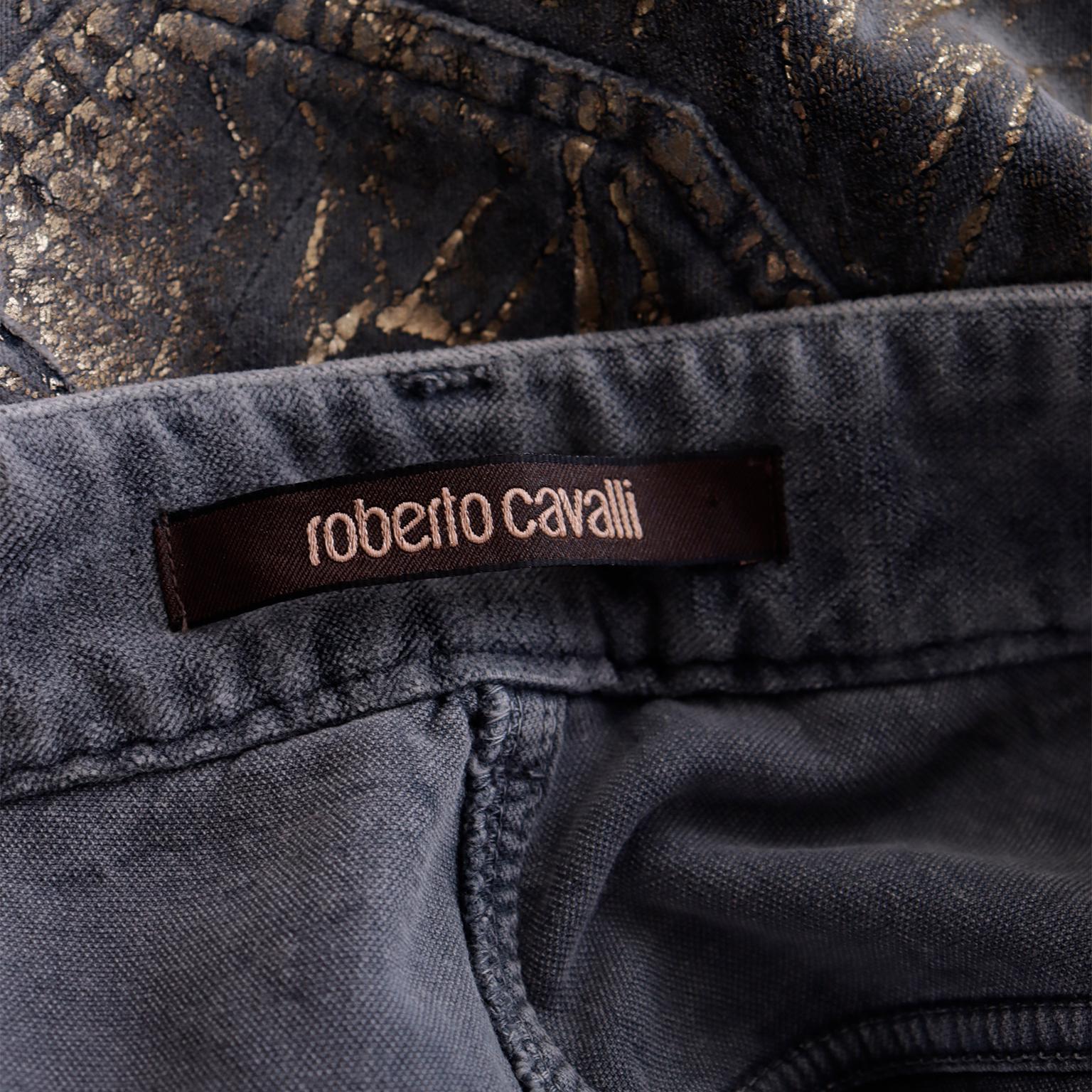 2000s Roberto Cavalli Vintage Low Rise Grey Velvet Jeans w Gold Detail For Sale 5