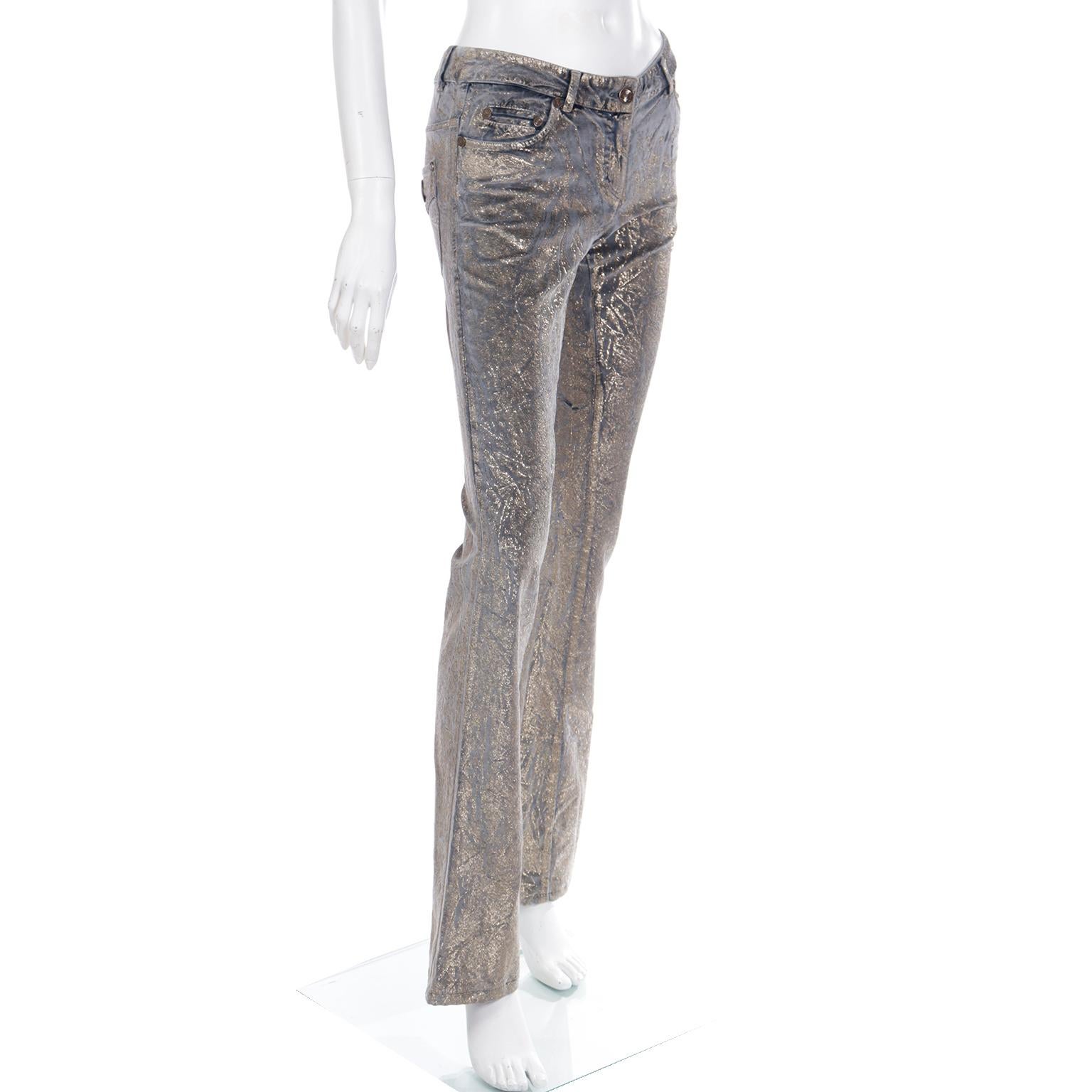 Women's 2000s Roberto Cavalli Vintage Low Rise Grey Velvet Jeans w Gold Detail For Sale