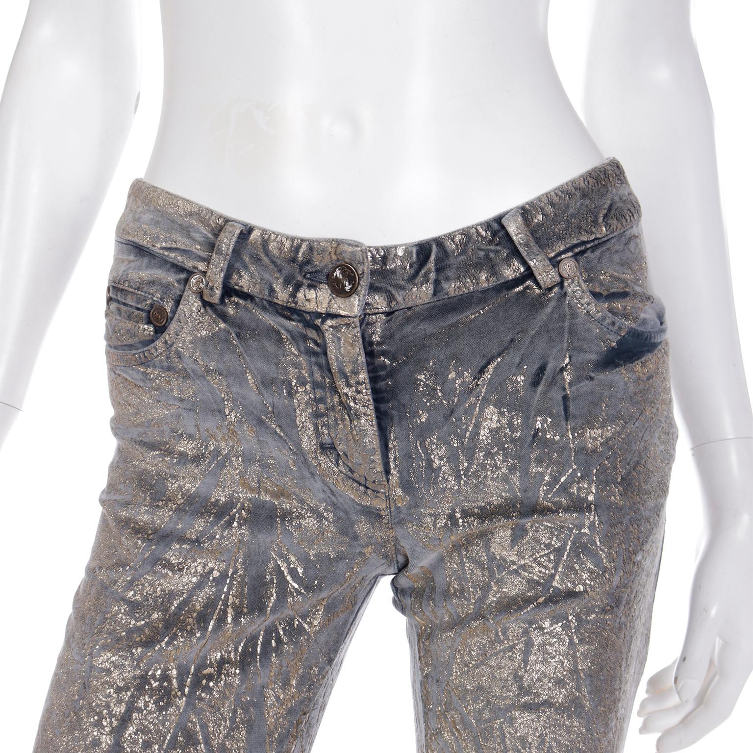 2000s Roberto Cavalli Vintage Low Rise Grey Velvet Jeans w Gold Detail For Sale 1