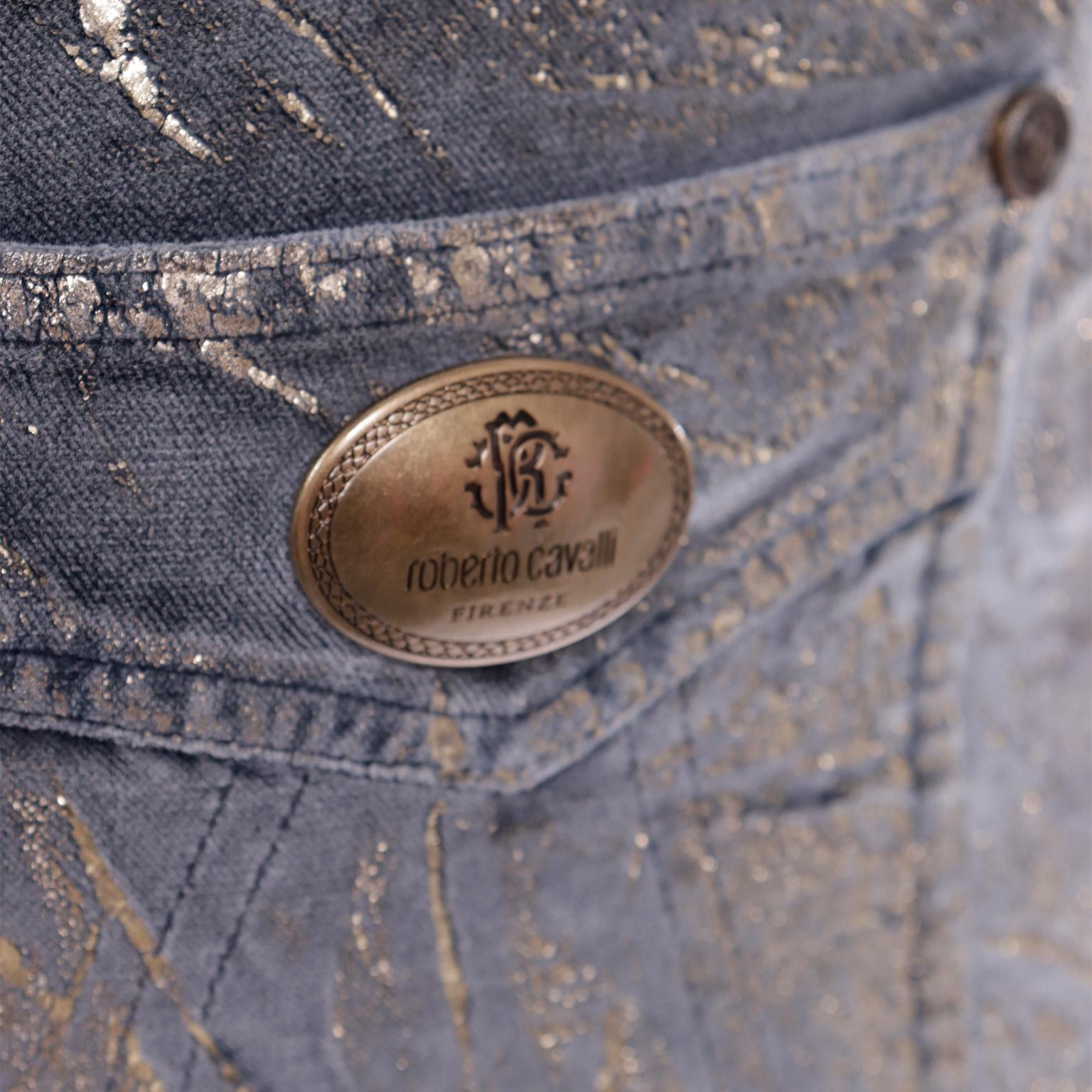 2000s Roberto Cavalli Vintage Low Rise Grey Velvet Jeans w Gold Detail For Sale 3