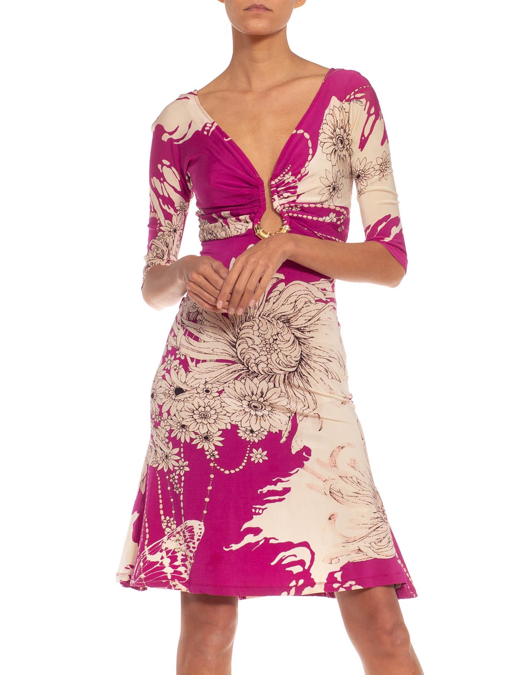 2000S ROBERTO CAVALLI White & Pink Floral Viscose Elastane Dress In Excellent Condition In New York, NY