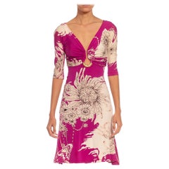 2000S ROBERTO CAVALLI White & Pink Floral Viscose Elastane Dress