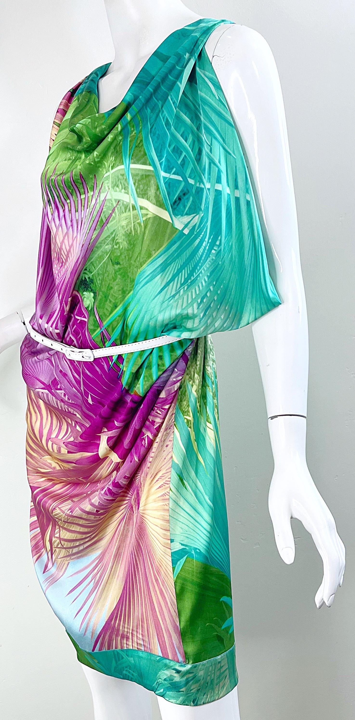 2000s Roberto Just Cavalli Size 42 / 10 - 12 Tropical Colorful Belted Silk Dress For Sale 6