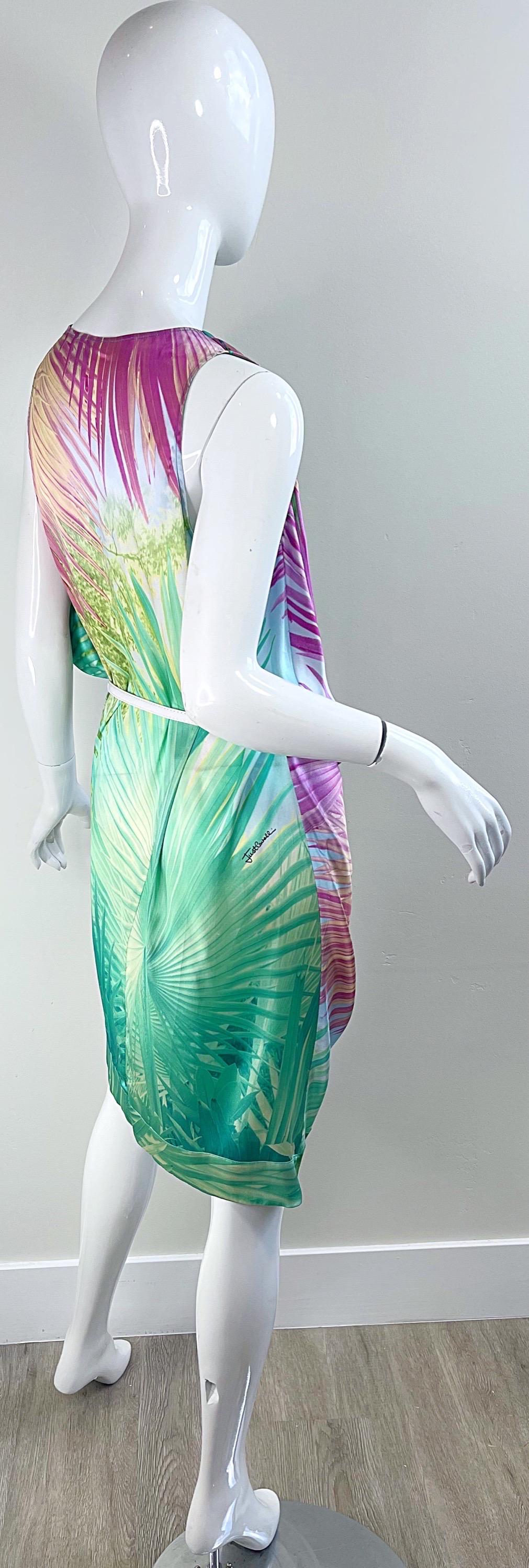 2000s Roberto Just Cavalli Size 42 / 10 - 12 Tropical Colorful Belted Silk Dress For Sale 7