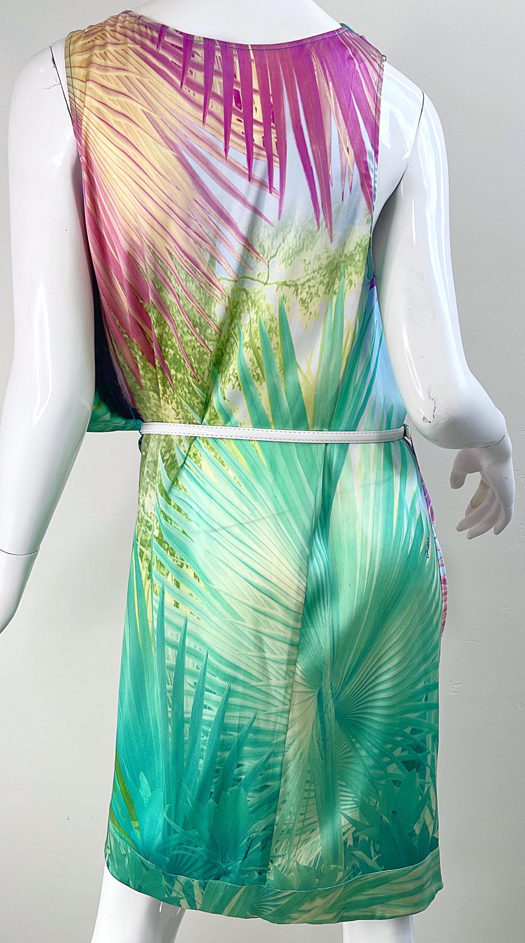 2000s Roberto Just Cavalli Size 42 / 10 - 12 Tropical Colorful Belted Silk Dress For Sale 9