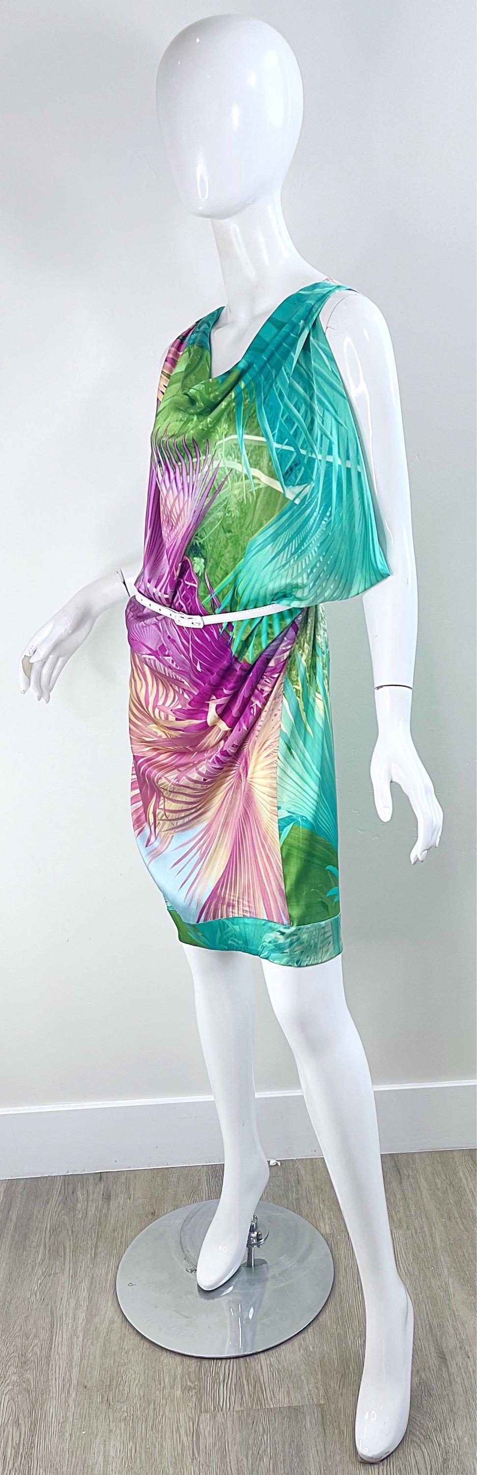Women's 2000s Roberto Just Cavalli Size 42 / 10 - 12 Tropical Colorful Belted Silk Dress For Sale