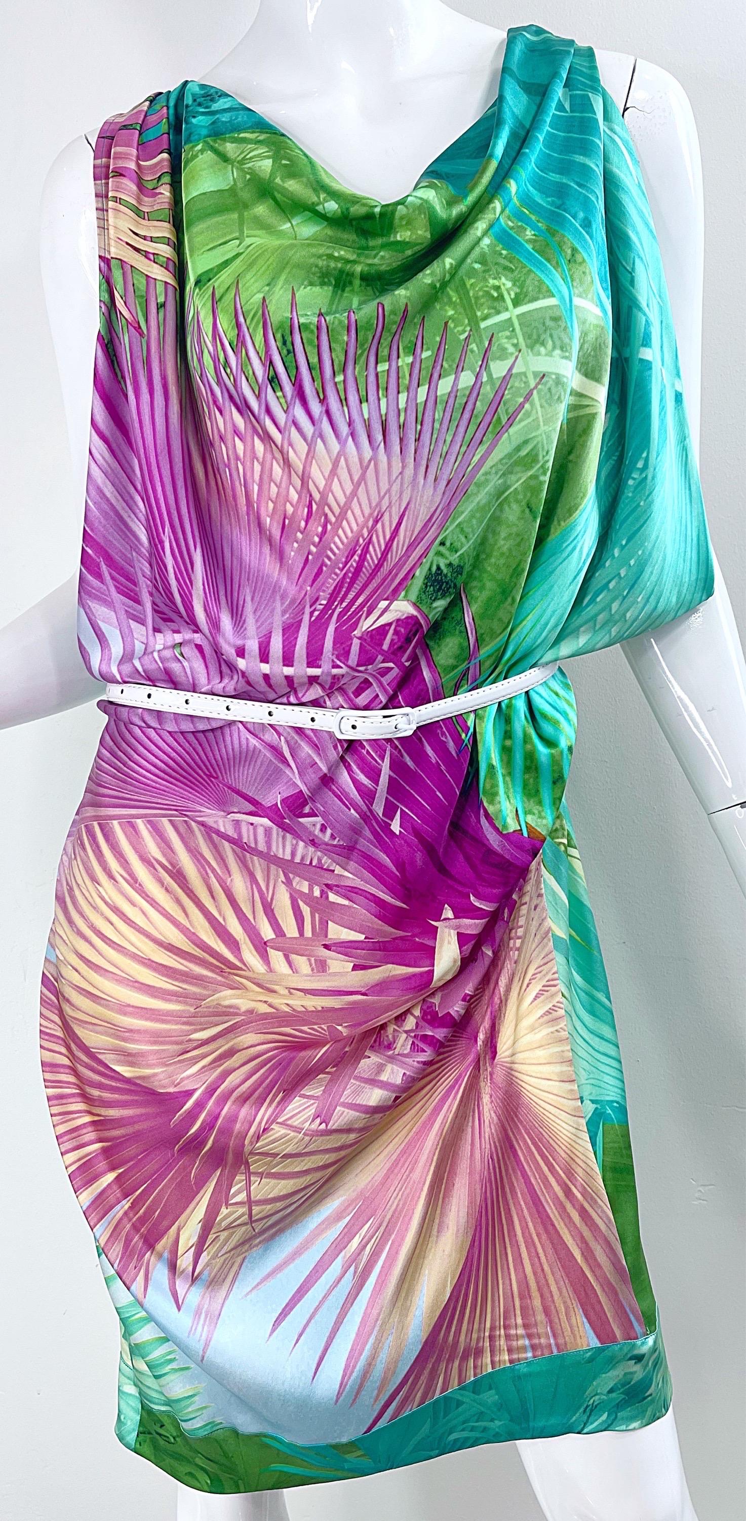 2000s Roberto Just Cavalli Size 42 / 10 - 12 Tropical Colorful Belted Silk Dress For Sale 4