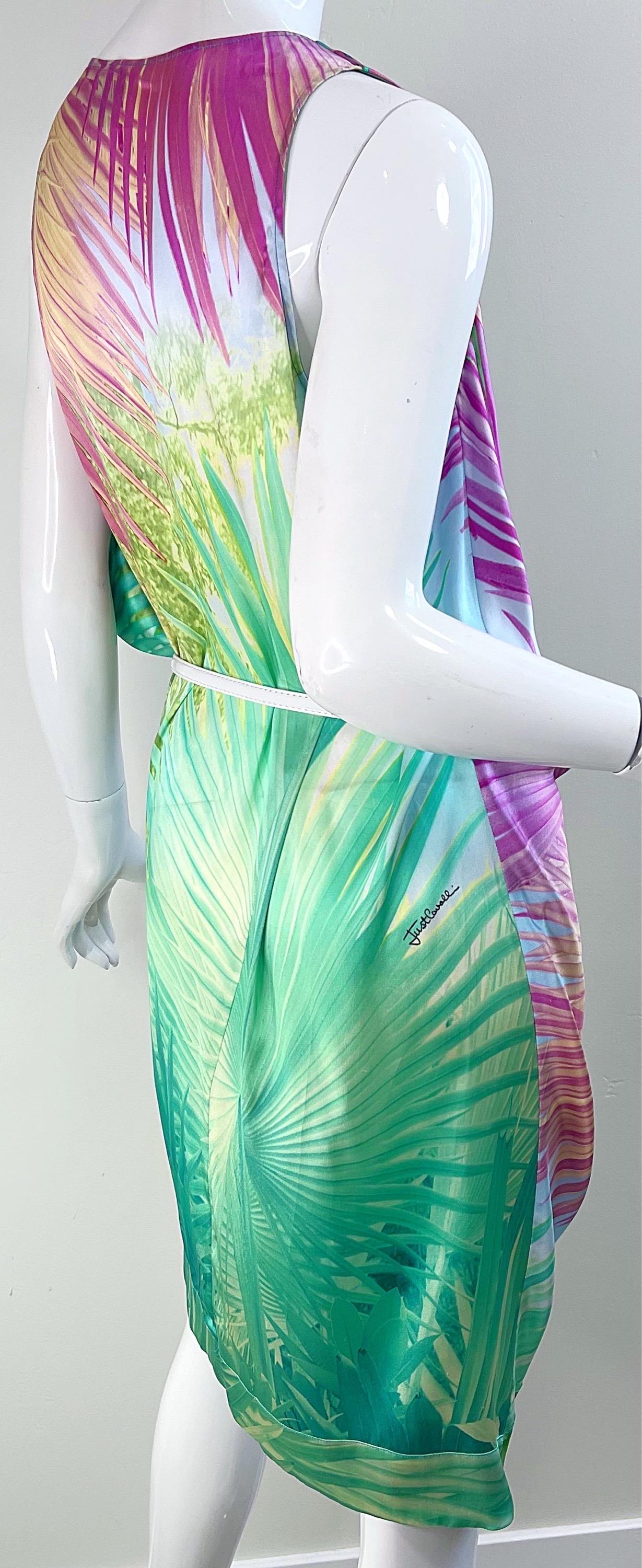 2000s Roberto Just Cavalli Size 42 / 10 - 12 Tropical Colorful Belted Silk Dress For Sale 5